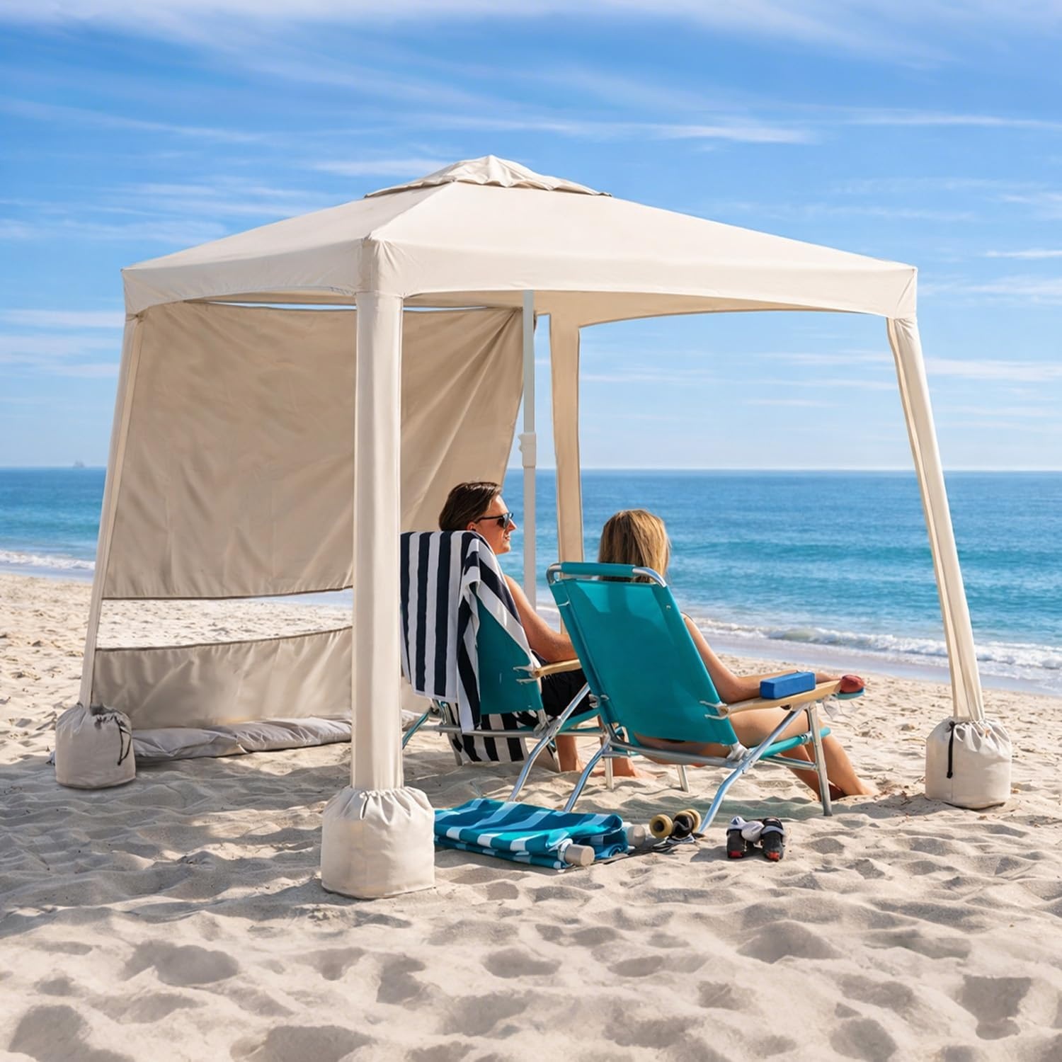 image:imageAMMSUN Beach Cabana 6565 Beach Canopy Easy Set up and Take Down Cabana Tent with Sand Pockets Instant Sun Shade with Side Wall Coral TropicalVintage Beige