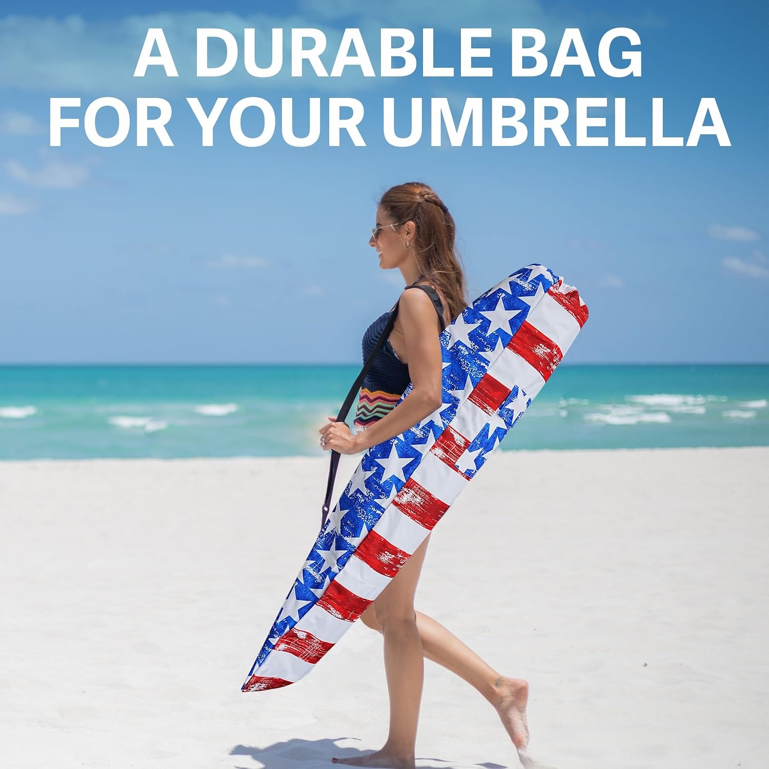 image:imageAMMSUN Commercial Grade Beach Umbrella Storage amp Carry Bag Universal Fit HardWearing WaterResistant Fabric Large Capacity for Two 8FT Foldable Umbrellas Convenient Drawstring Fit in Car TrunksFlag BlueRed
