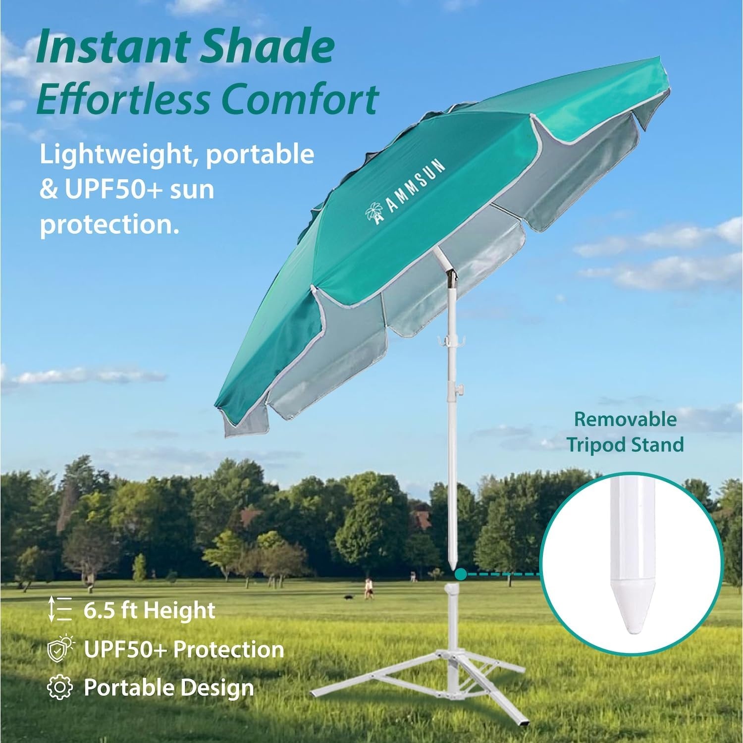 image:imageAMMSUN Shade Umbrella Premium Portable Umbrella with Stand 65ft Lightweight Free Standing Canopy for Sporting Games Adjustable Instant Sun Protection and Easy to Carry Peach PinkTurquoise