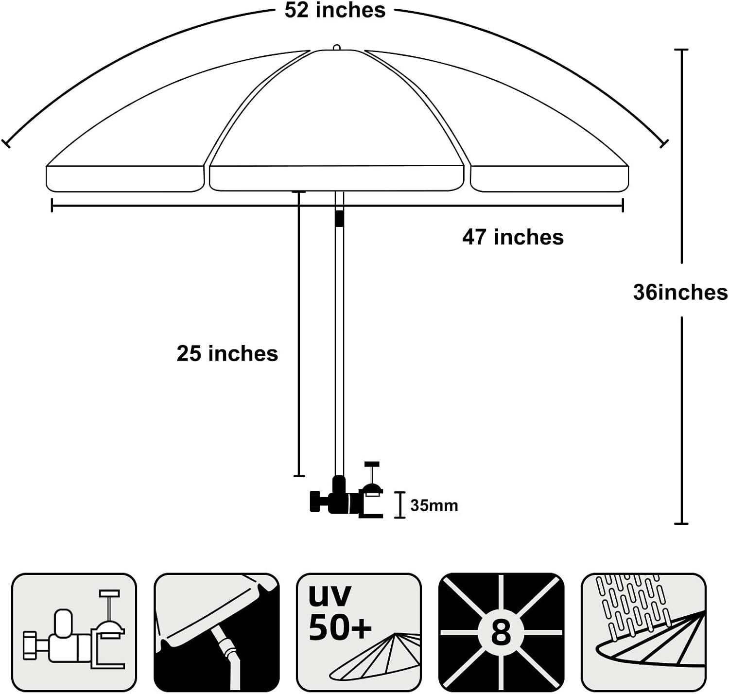 image:imageAMMSUN XL Chair Umbrella with Universal Clamp Adjustable 52 inches and 360degree Swivel UPF 50 Portable Clamp on Camping or Beach Chair Stroller Wheelchair Golf cart Sharks Largesized
