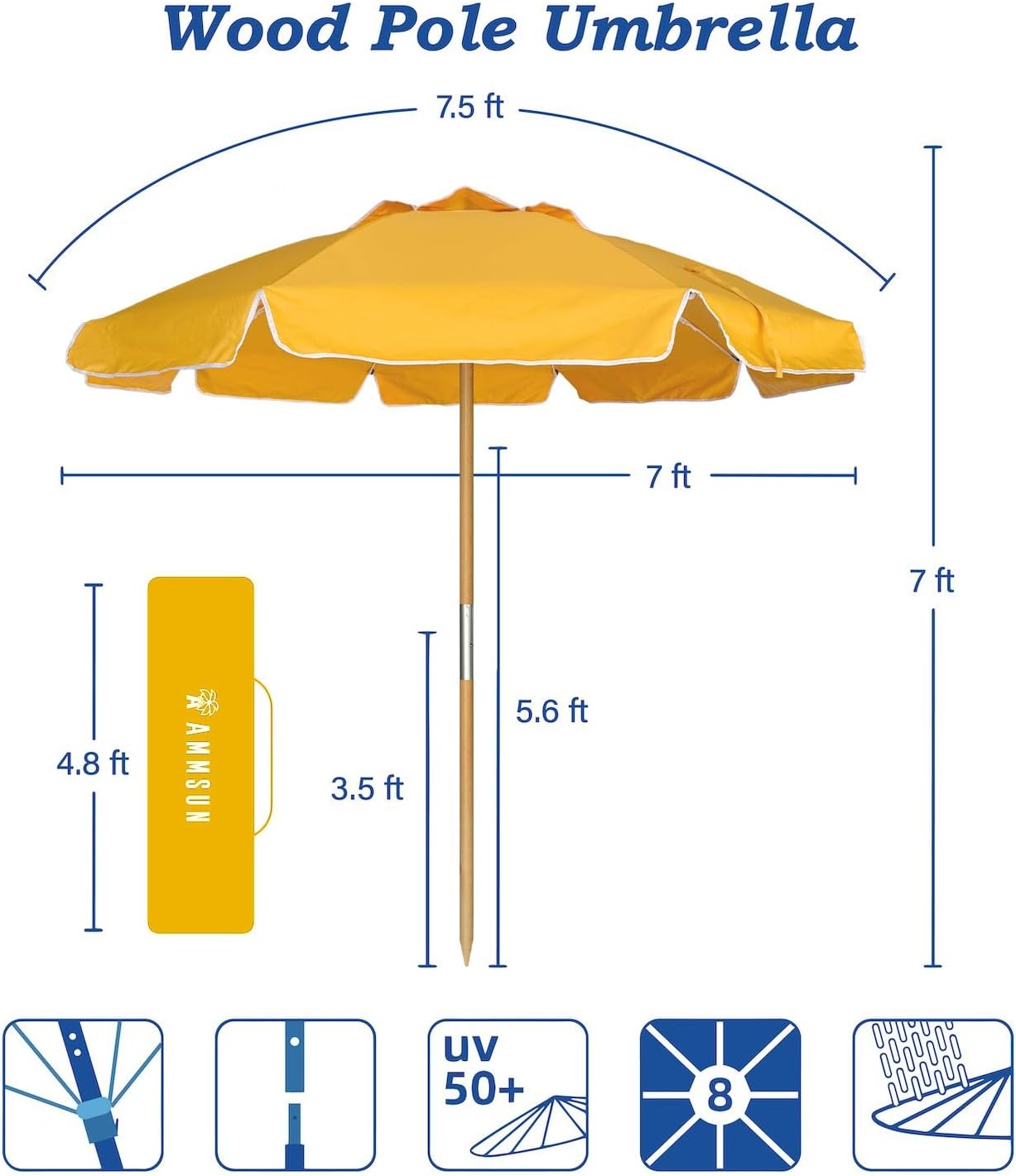 image:imageAMMSUN 75ft High Wind Beach Umbrella with Air Vent amp Ash Wood Pole Heavyduty commercialgrade design with UPF 50 protection carry bag included American Flag for beach pool patioSolid Yellow
