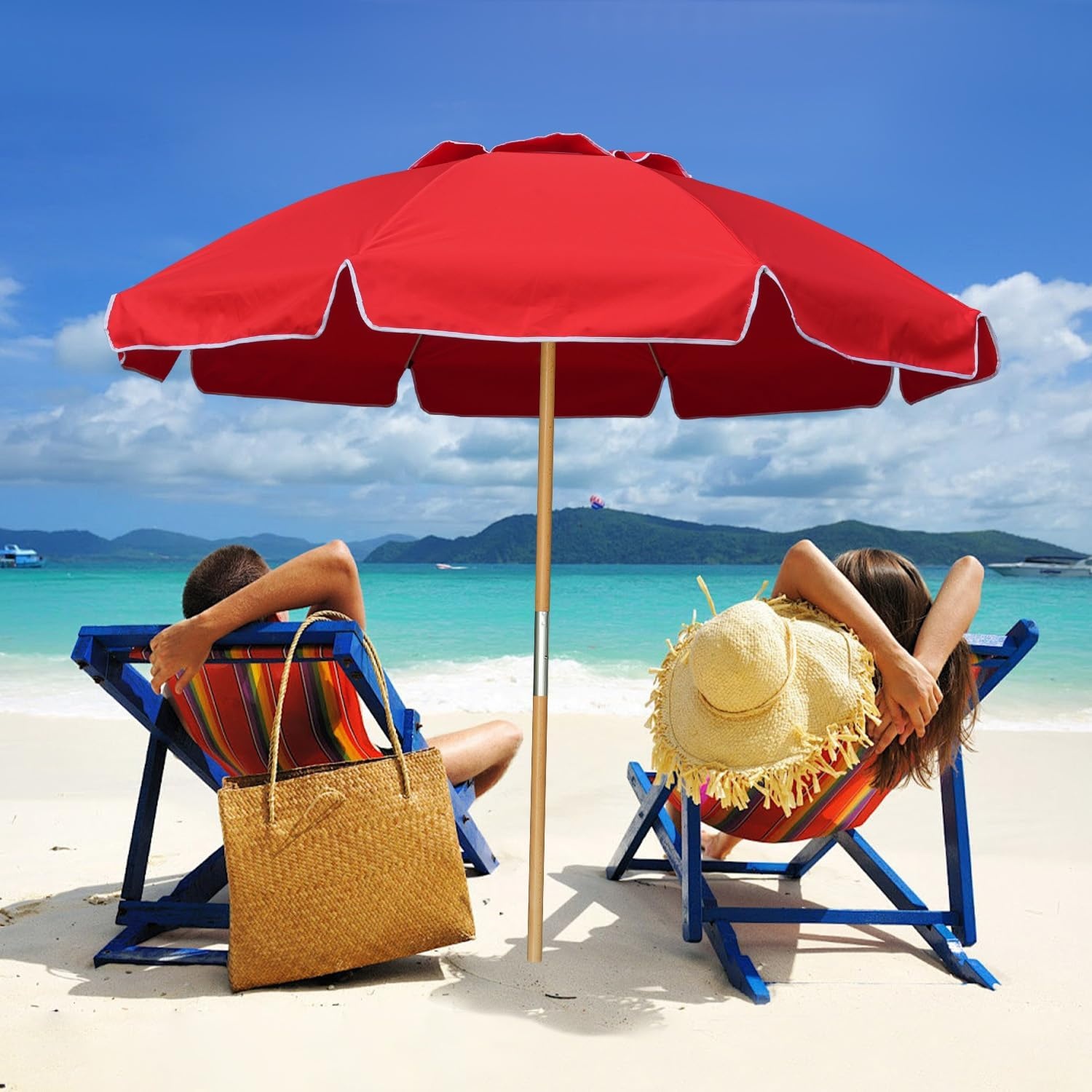 image:imageAMMSUN 75ft High Wind Beach Umbrella with Air Vent amp Ash Wood Pole Heavyduty commercialgrade design with UPF 50 protection carry bag included American Flag for beach pool patioRed