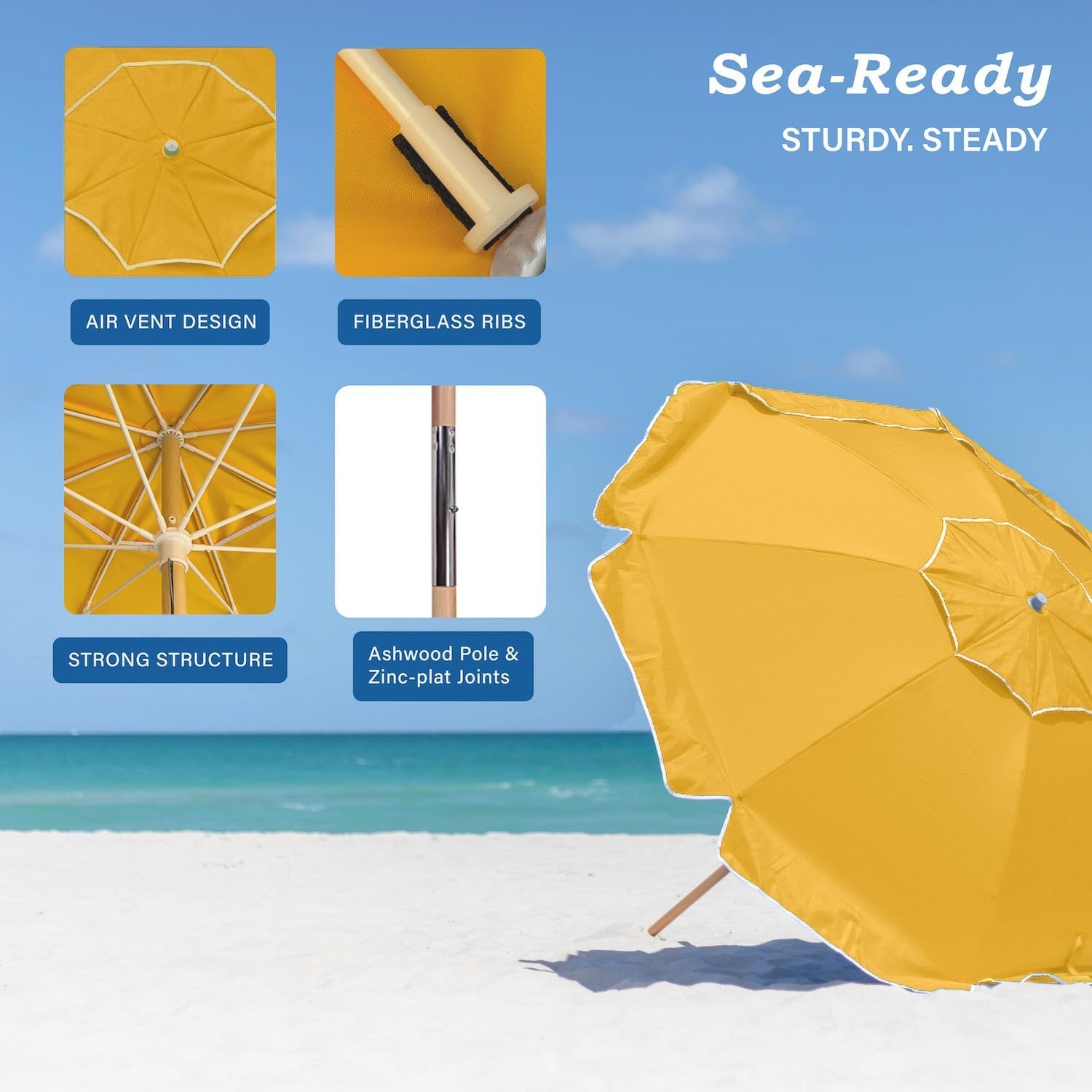 image:imageAMMSUN 75ft High Wind Beach Umbrella with Air Vent amp Ash Wood Pole Heavyduty commercialgrade design with UPF 50 protection carry bag included American Flag for beach pool patioSolid Yellow