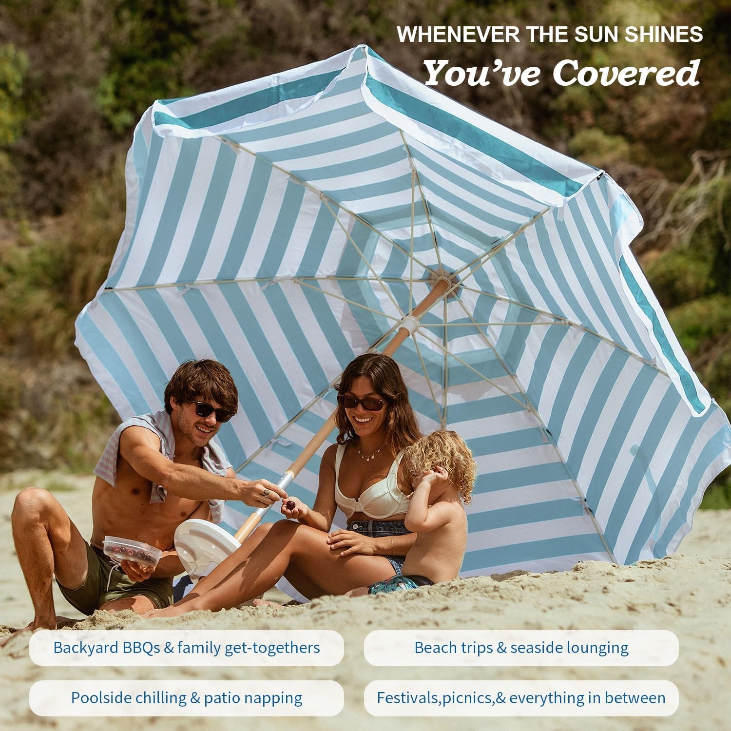 image:imageAMMSUN 75ft High Wind Beach Umbrella with Air Vent amp Ash Wood Pole Heavyduty commercialgrade design with UPF 50 protection carry bag included American Flag for beach pool patioTurquoise White