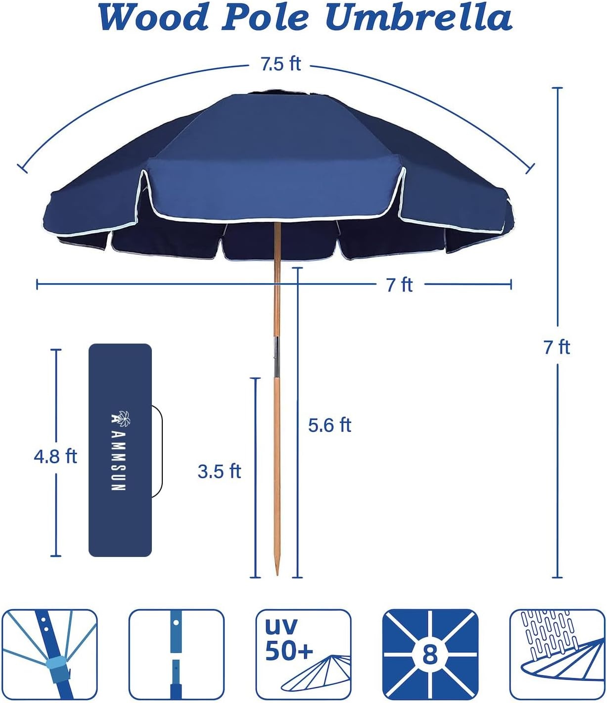 image:imageAMMSUN 75ft High Wind Beach Umbrella with Air Vent amp Ash Wood Pole Heavyduty commercialgrade design with UPF 50 protection carry bag included American Flag for beach pool patioNavy Blue