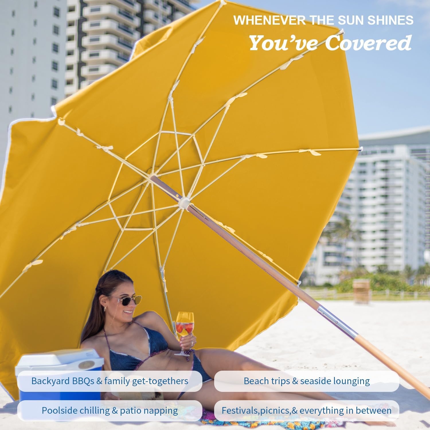 image:imageAMMSUN 75ft High Wind Beach Umbrella with Air Vent amp Ash Wood Pole Heavyduty commercialgrade design with UPF 50 protection carry bag included American Flag for beach pool patioSolid Yellow
