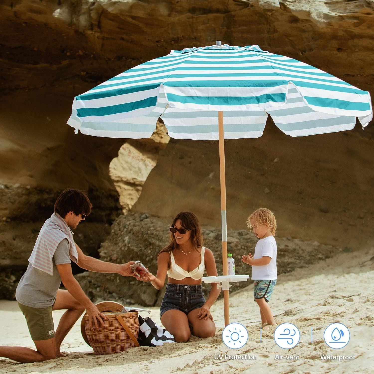 image:imageAMMSUN 75ft High Wind Beach Umbrella with Air Vent amp Ash Wood Pole Heavyduty commercialgrade design with UPF 50 protection carry bag included American Flag for beach pool patioTurquoise White