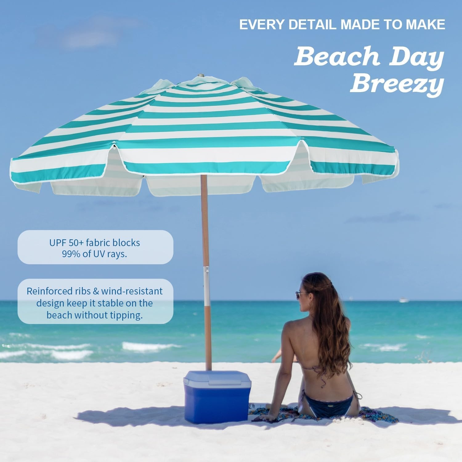 image:imageAMMSUN 75ft High Wind Beach Umbrella with Air Vent amp Ash Wood Pole Heavyduty commercialgrade design with UPF 50 protection carry bag included American Flag for beach pool patioTurquoise White