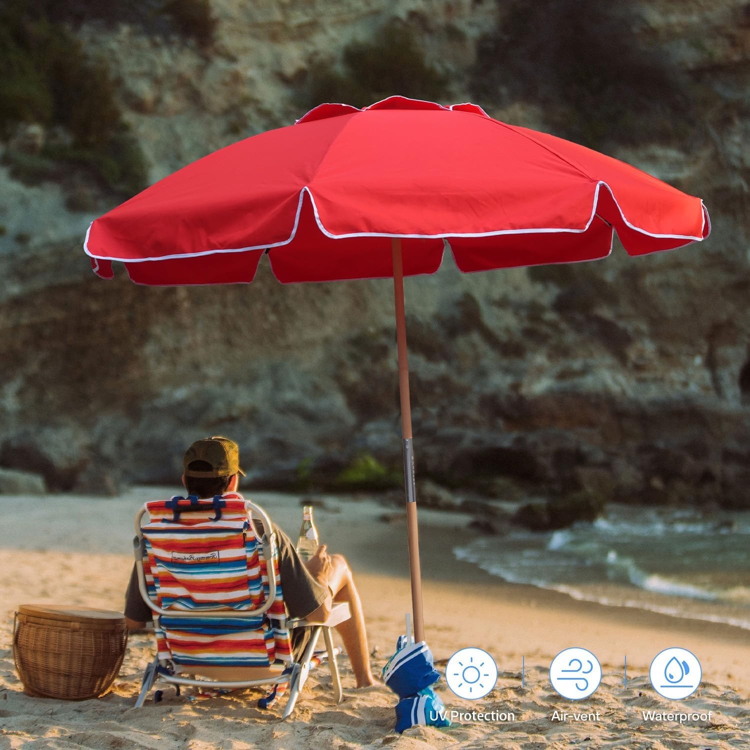 image:imageAMMSUN 75ft High Wind Beach Umbrella with Air Vent amp Ash Wood Pole Heavyduty commercialgrade design with UPF 50 protection carry bag included American Flag for beach pool patioRed