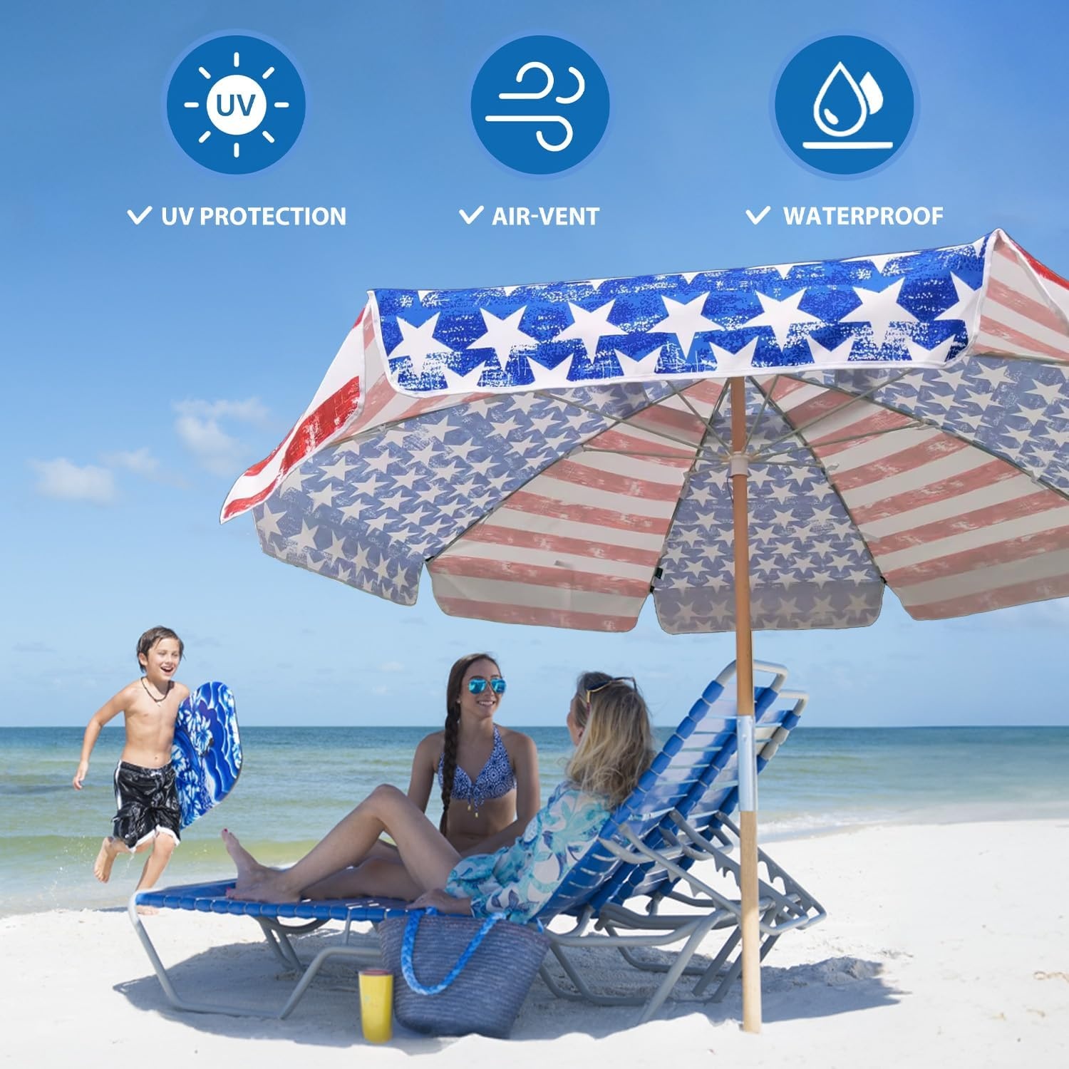 image:imageAMMSUN 75ft High Wind Beach Umbrella with Air Vent amp Ash Wood Pole Heavyduty commercialgrade design with UPF 50 protection carry bag included American Flag for beach pool patioRed Blue American flag