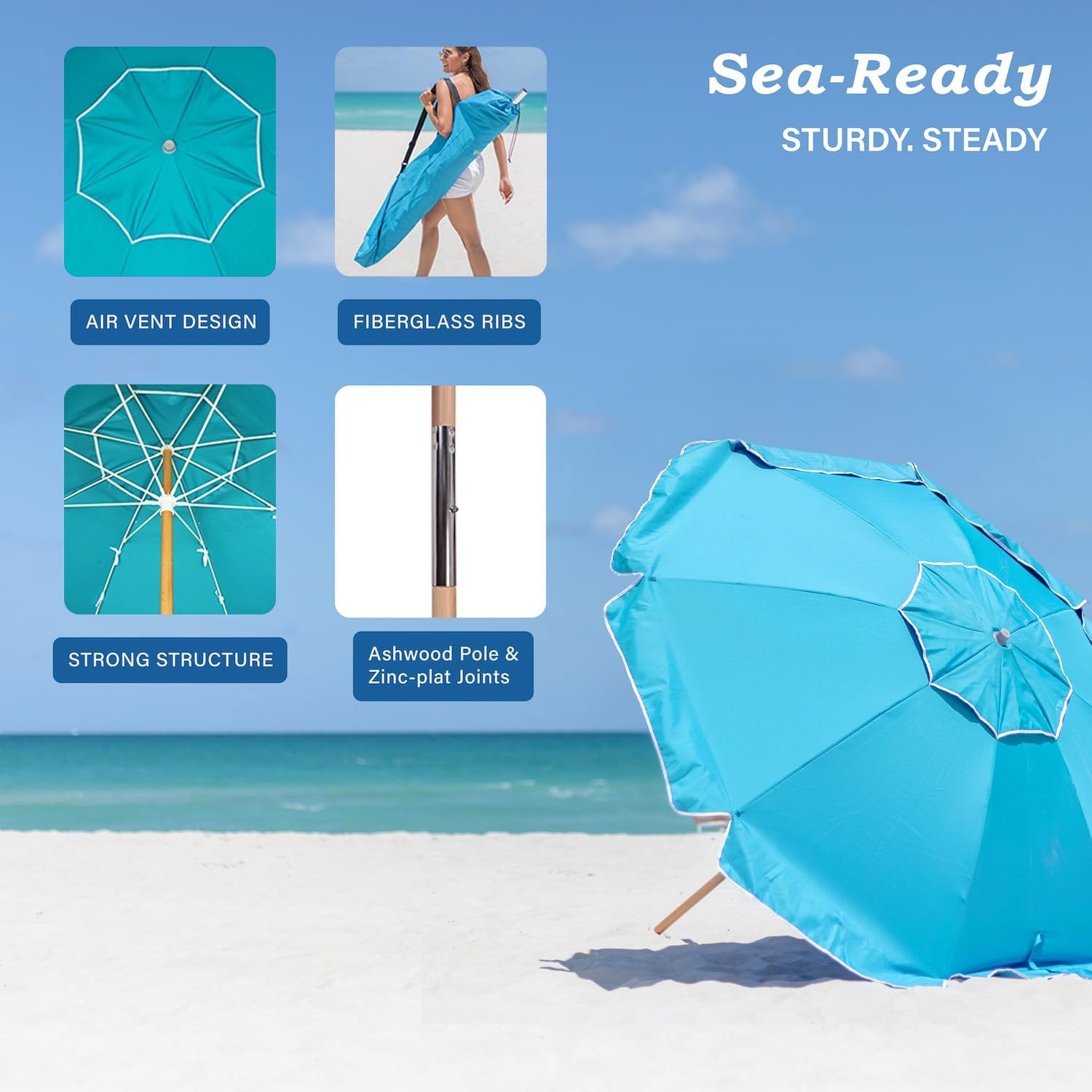 image:imageAMMSUN 75ft High Wind Beach Umbrella with Air Vent amp Ash Wood Pole Heavyduty commercialgrade design with UPF 50 protection carry bag included American Flag for beach pool patioLake Green