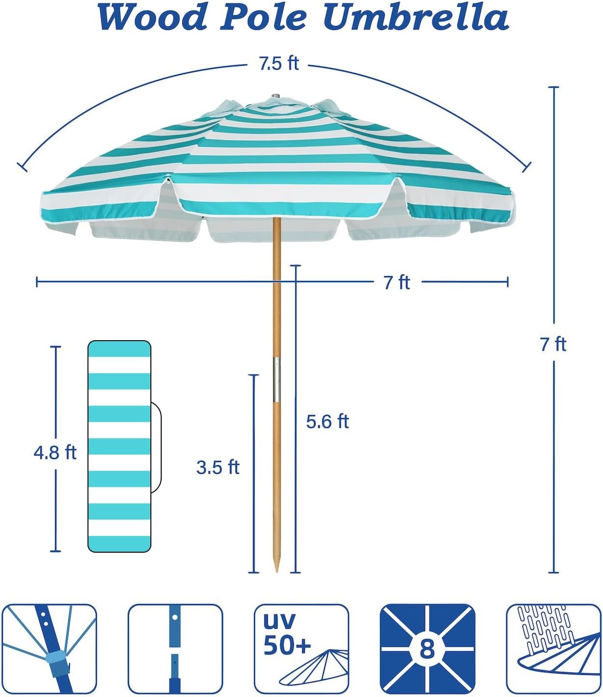 image:imageAMMSUN 75ft High Wind Beach Umbrella with Air Vent amp Ash Wood Pole Heavyduty commercialgrade design with UPF 50 protection carry bag included American Flag for beach pool patioTurquoise White