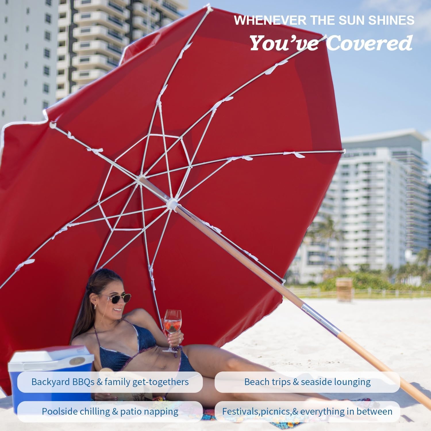 image:imageAMMSUN 75ft High Wind Beach Umbrella with Air Vent amp Ash Wood Pole Heavyduty commercialgrade design with UPF 50 protection carry bag included American Flag for beach pool patioRed