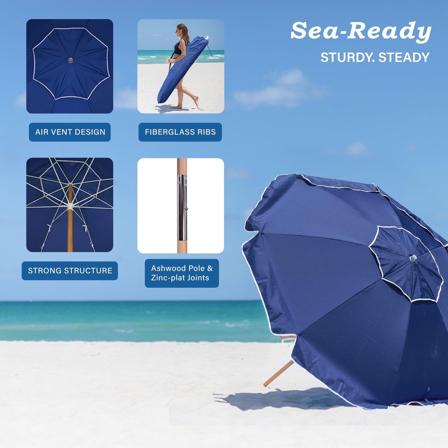 image:imageAMMSUN 75ft High Wind Beach Umbrella with Air Vent amp Ash Wood Pole Heavyduty commercialgrade design with UPF 50 protection carry bag included American Flag for beach pool patioNavy Blue