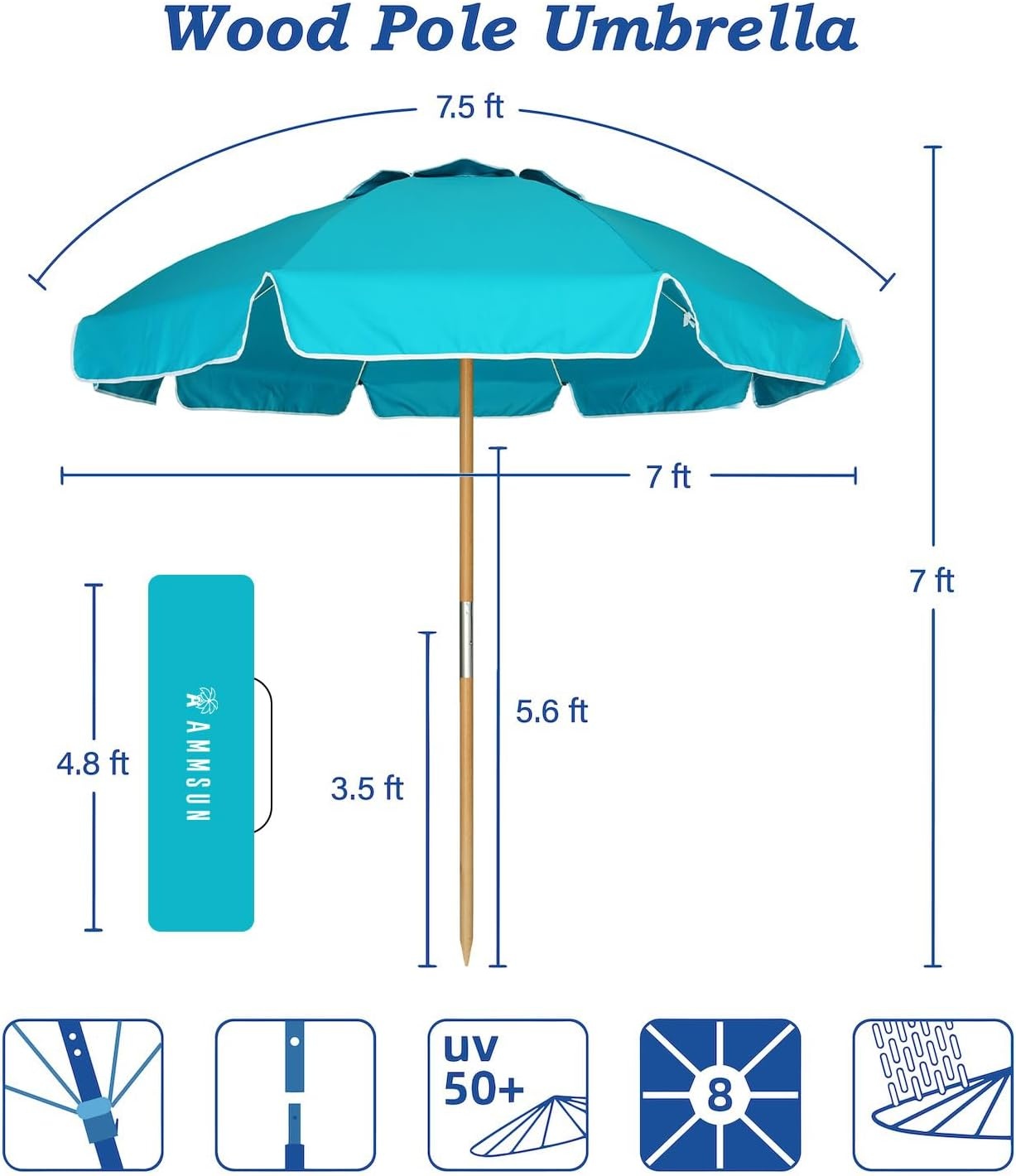 image:imageAMMSUN 75ft High Wind Beach Umbrella with Air Vent amp Ash Wood Pole Heavyduty commercialgrade design with UPF 50 protection carry bag included American Flag for beach pool patioLake Green