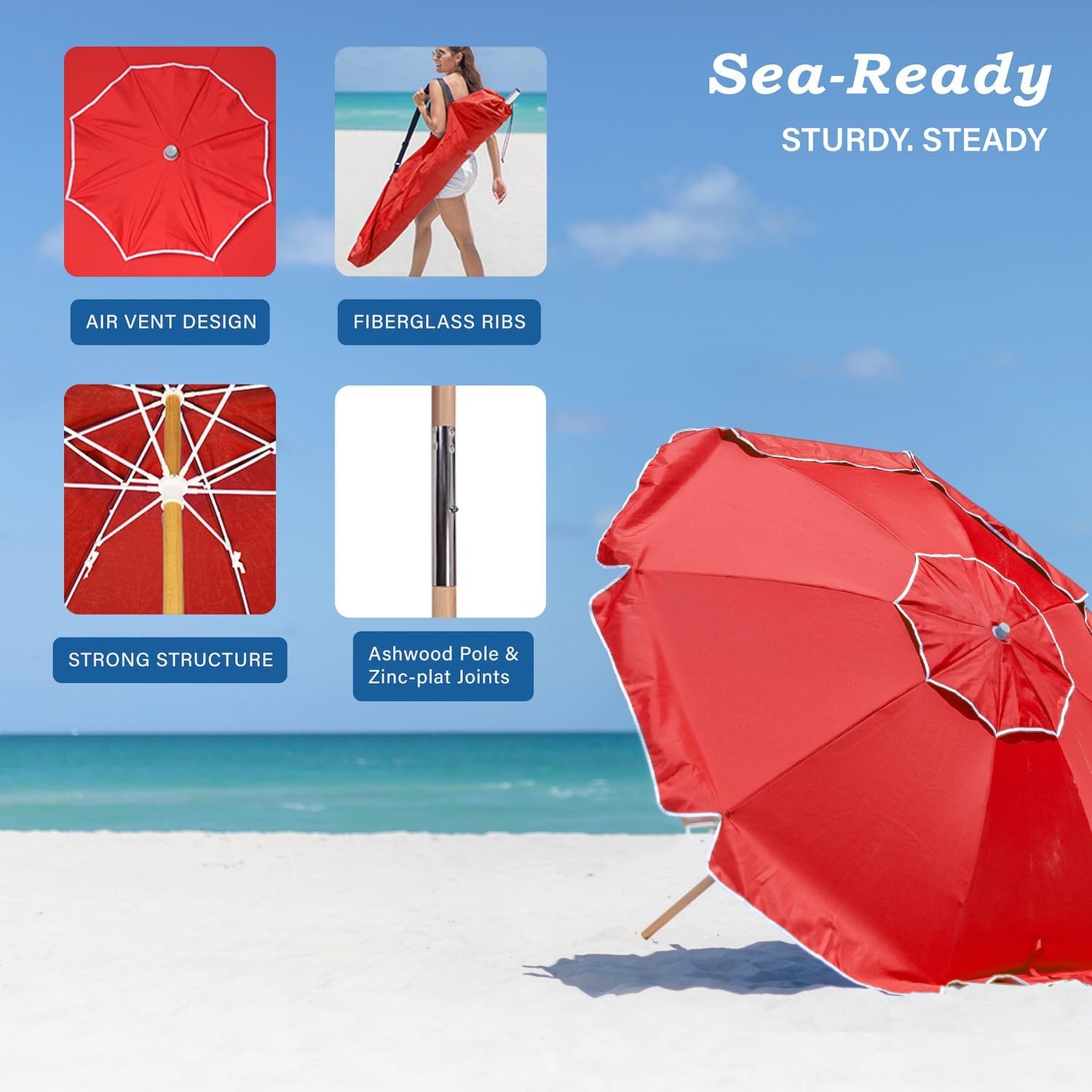 image:imageAMMSUN 75ft High Wind Beach Umbrella with Air Vent amp Ash Wood Pole Heavyduty commercialgrade design with UPF 50 protection carry bag included American Flag for beach pool patioRed