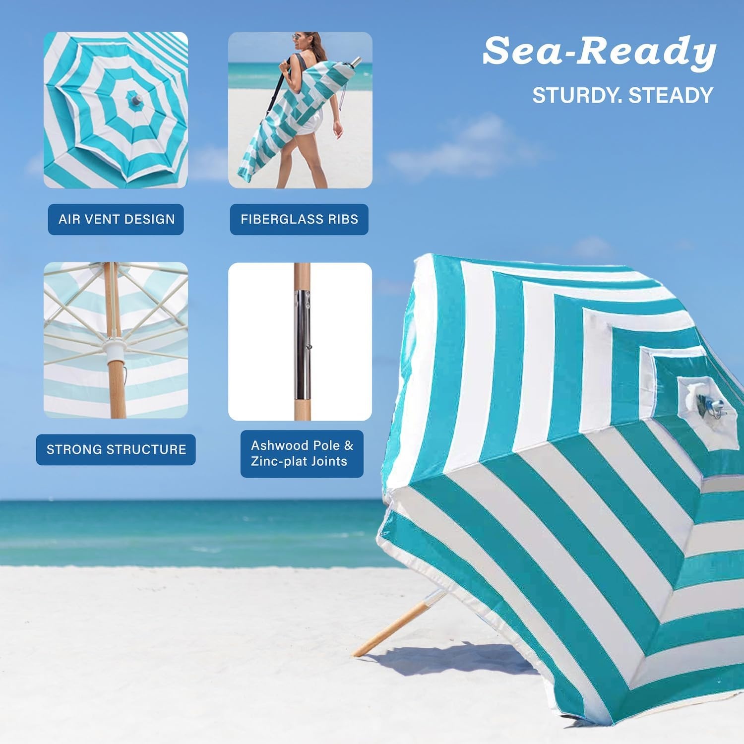 image:imageAMMSUN 75ft High Wind Beach Umbrella with Air Vent amp Ash Wood Pole Heavyduty commercialgrade design with UPF 50 protection carry bag included American Flag for beach pool patioTurquoise White