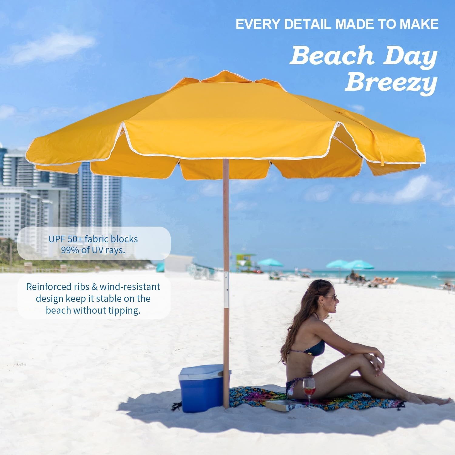 image:imageAMMSUN 75ft High Wind Beach Umbrella with Air Vent amp Ash Wood Pole Heavyduty commercialgrade design with UPF 50 protection carry bag included American Flag for beach pool patioSolid Yellow