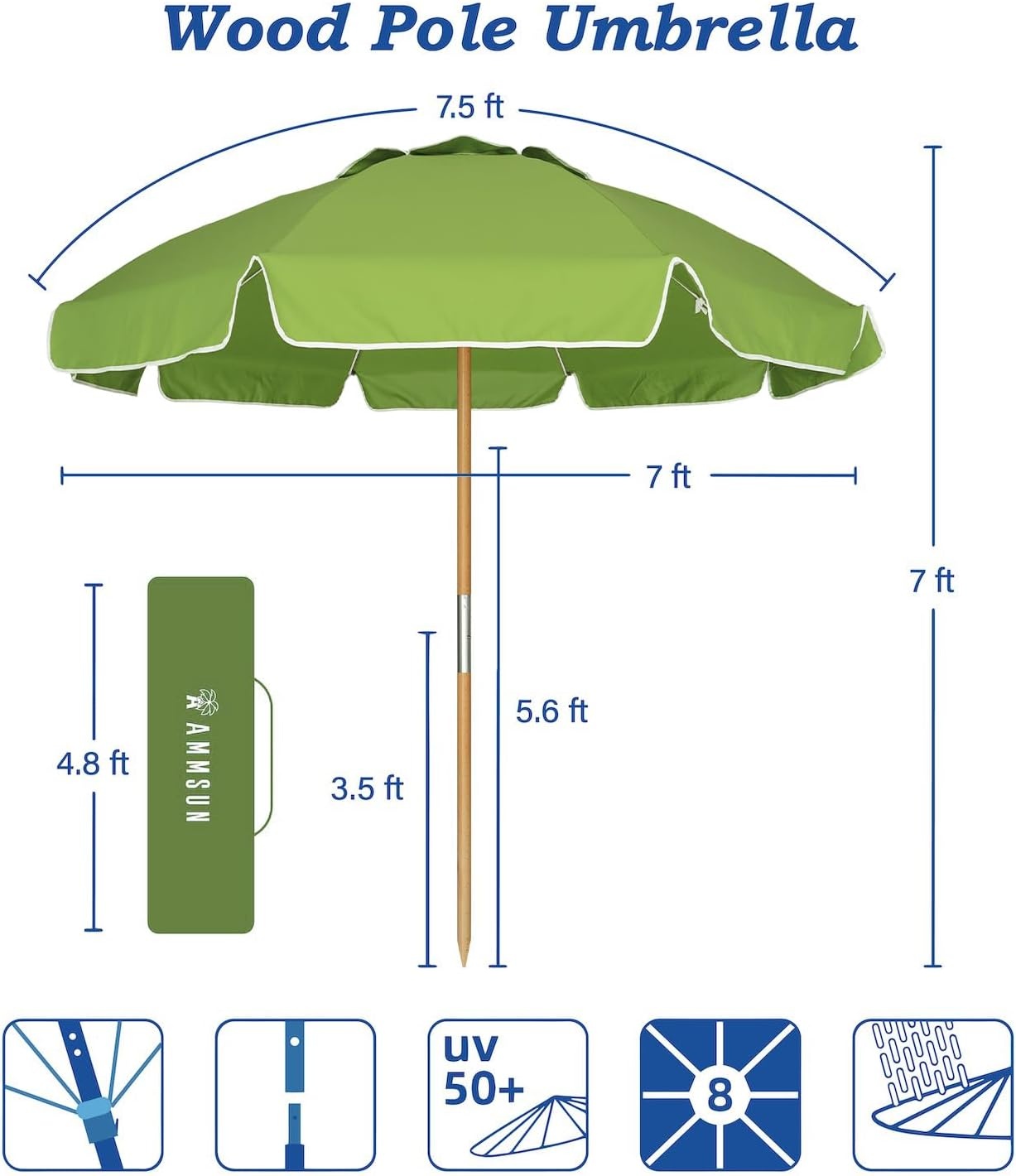 image:imageAMMSUN 75ft High Wind Beach Umbrella with Air Vent amp Ash Wood Pole Heavyduty commercialgrade design with UPF 50 protection carry bag included American Flag for beach pool patioOlive Green