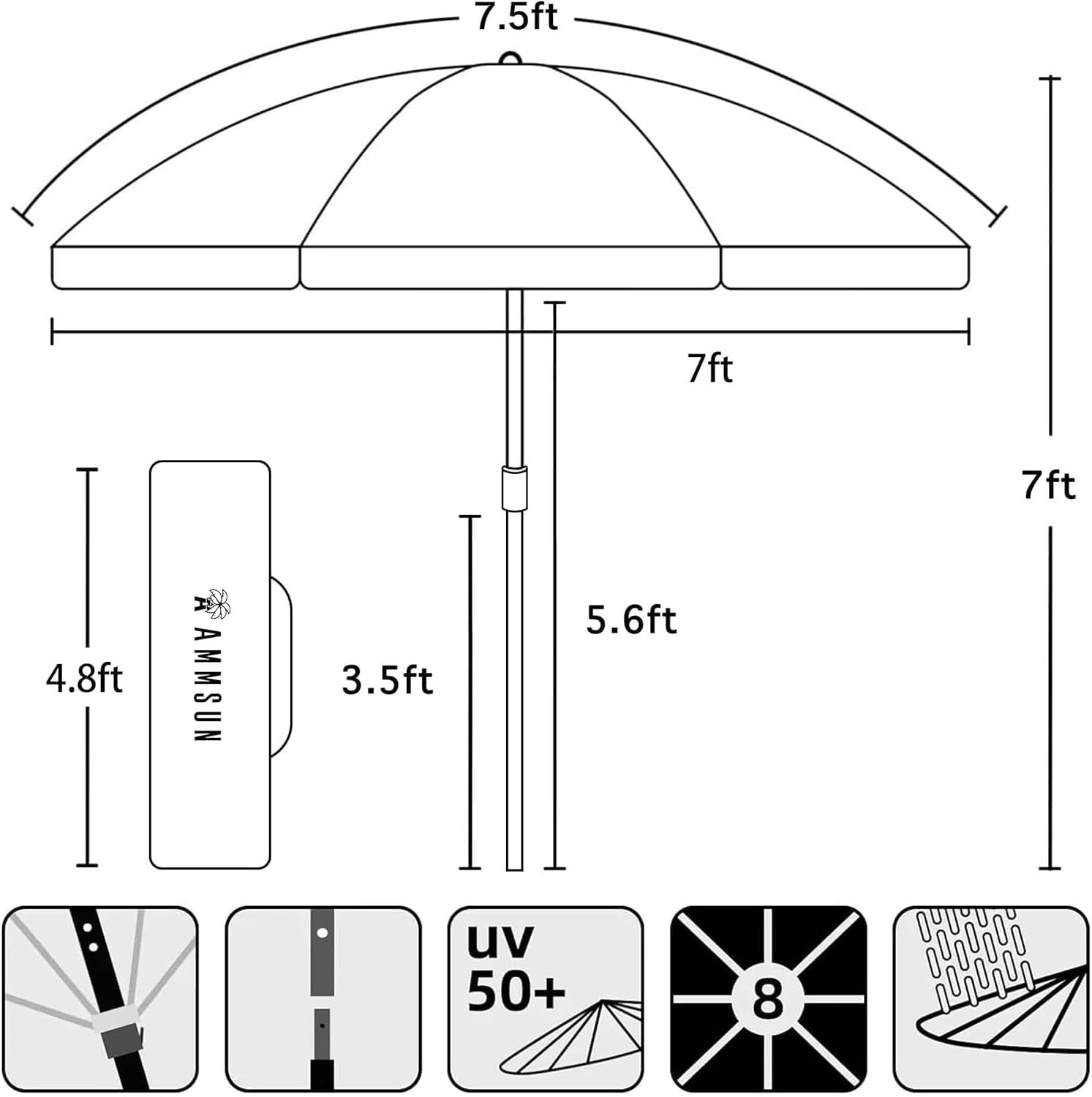 image:imageAMMSUN 75ft High Wind Beach Umbrella with Air Vent amp Ash Wood Pole Heavyduty commercialgrade design with UPF 50 protection carry bag included American Flag for beach pool patioRed Blue American flag
