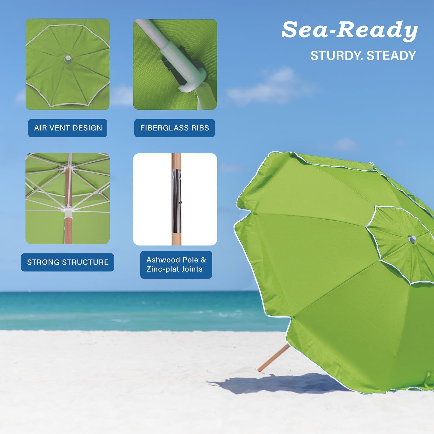 image:imageAMMSUN 75ft High Wind Beach Umbrella with Air Vent amp Ash Wood Pole Heavyduty commercialgrade design with UPF 50 protection carry bag included American Flag for beach pool patioOlive Green