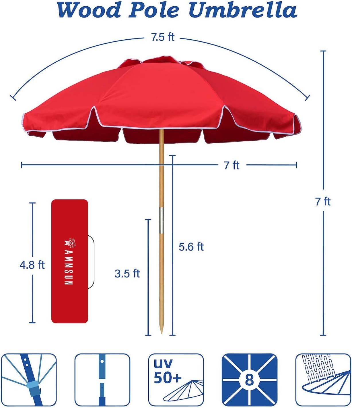image:imageAMMSUN 75ft High Wind Beach Umbrella with Air Vent amp Ash Wood Pole Heavyduty commercialgrade design with UPF 50 protection carry bag included American Flag for beach pool patioRed