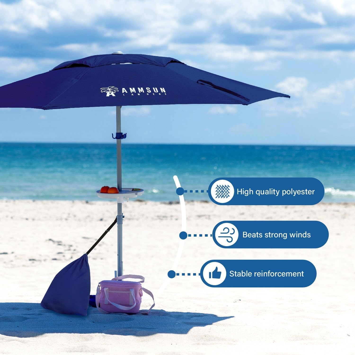 image:imageAMMSUN 8ft Large Beach Umbrellas for Sand with Sand Anchor Air Vent hook Heavy Duty High Wind Patio Beach Umbrella with Weight SandbagCarry bagUPF 50Adjustable HeightNo Tilt YellowNavy