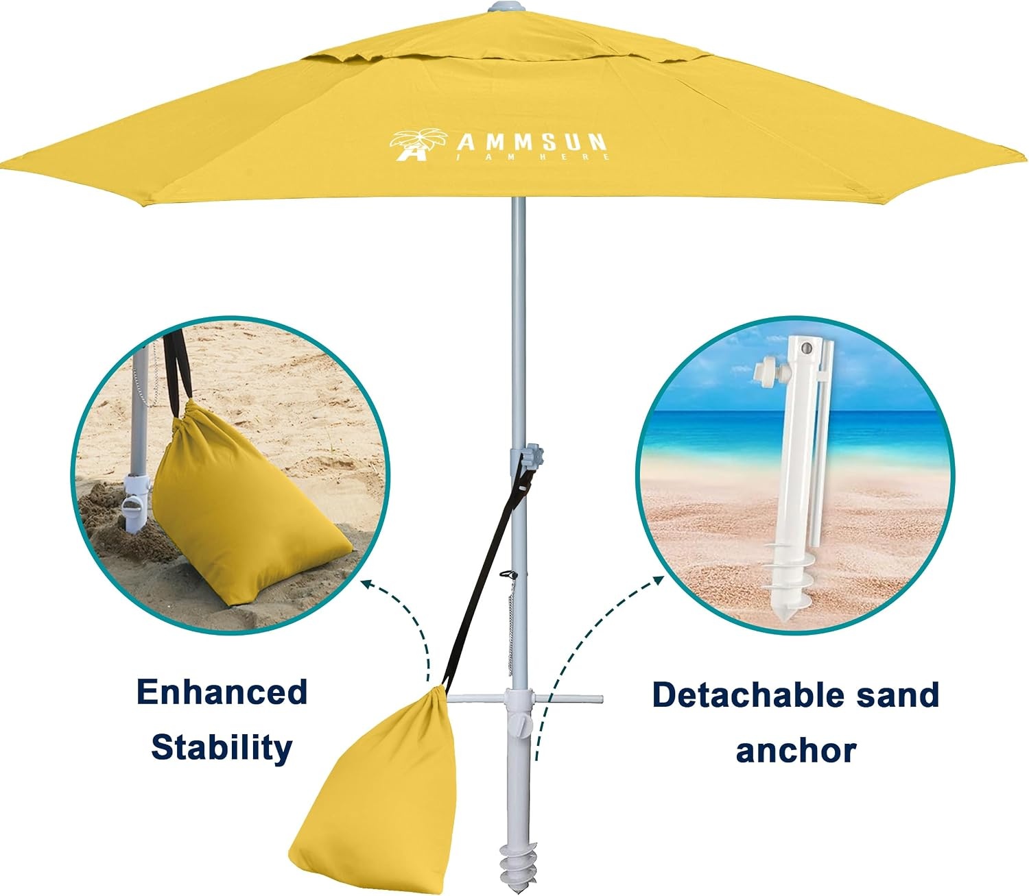 image:imageAMMSUN 8ft Large Beach Umbrellas for Sand with Sand Anchor Air Vent hook Heavy Duty High Wind Patio Beach Umbrella with Weight SandbagCarry bagUPF 50Adjustable HeightNo Tilt YellowYellow