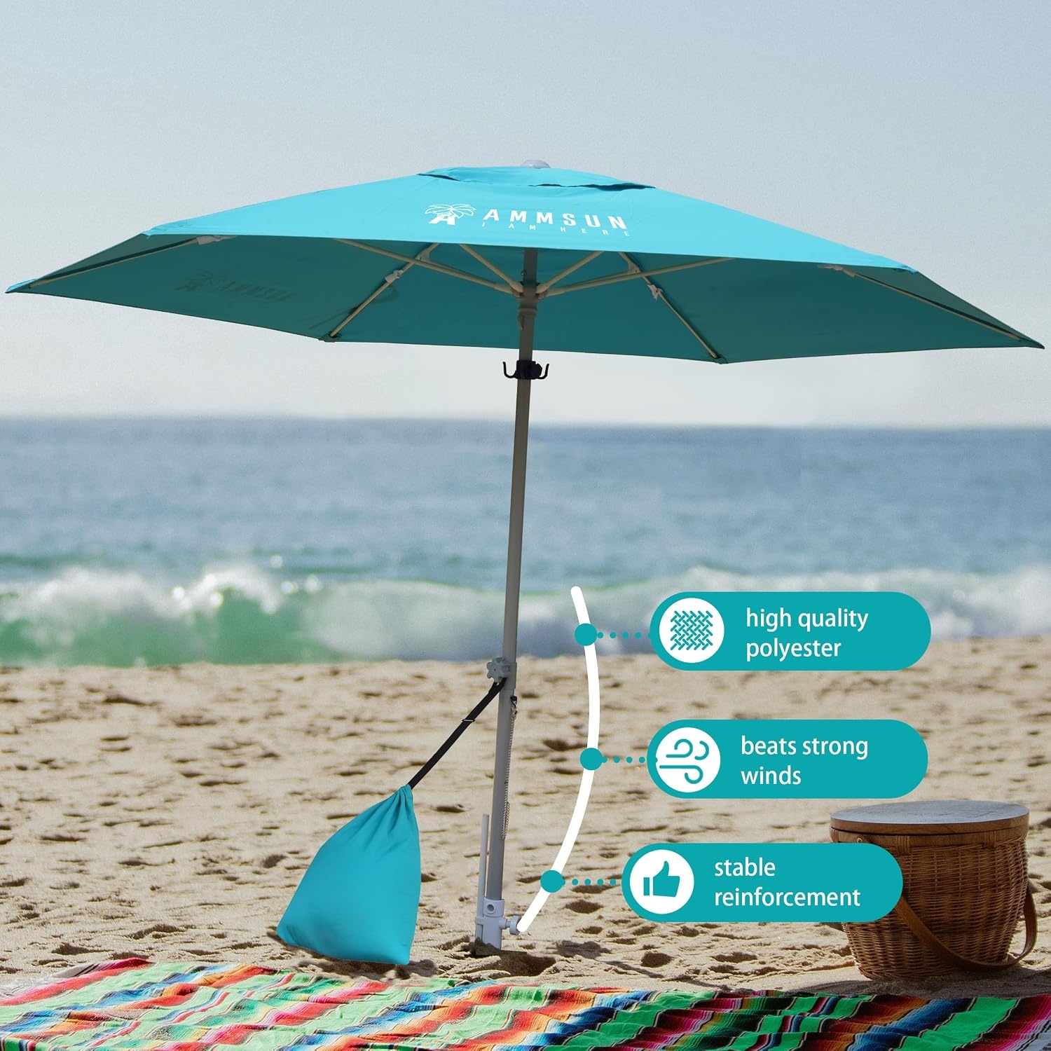 image:imageAMMSUN 8ft Large Beach Umbrellas for Sand with Sand Anchor Air Vent hook Heavy Duty High Wind Patio Beach Umbrella with Weight SandbagCarry bagUPF 50Adjustable HeightNo Tilt YellowTeal