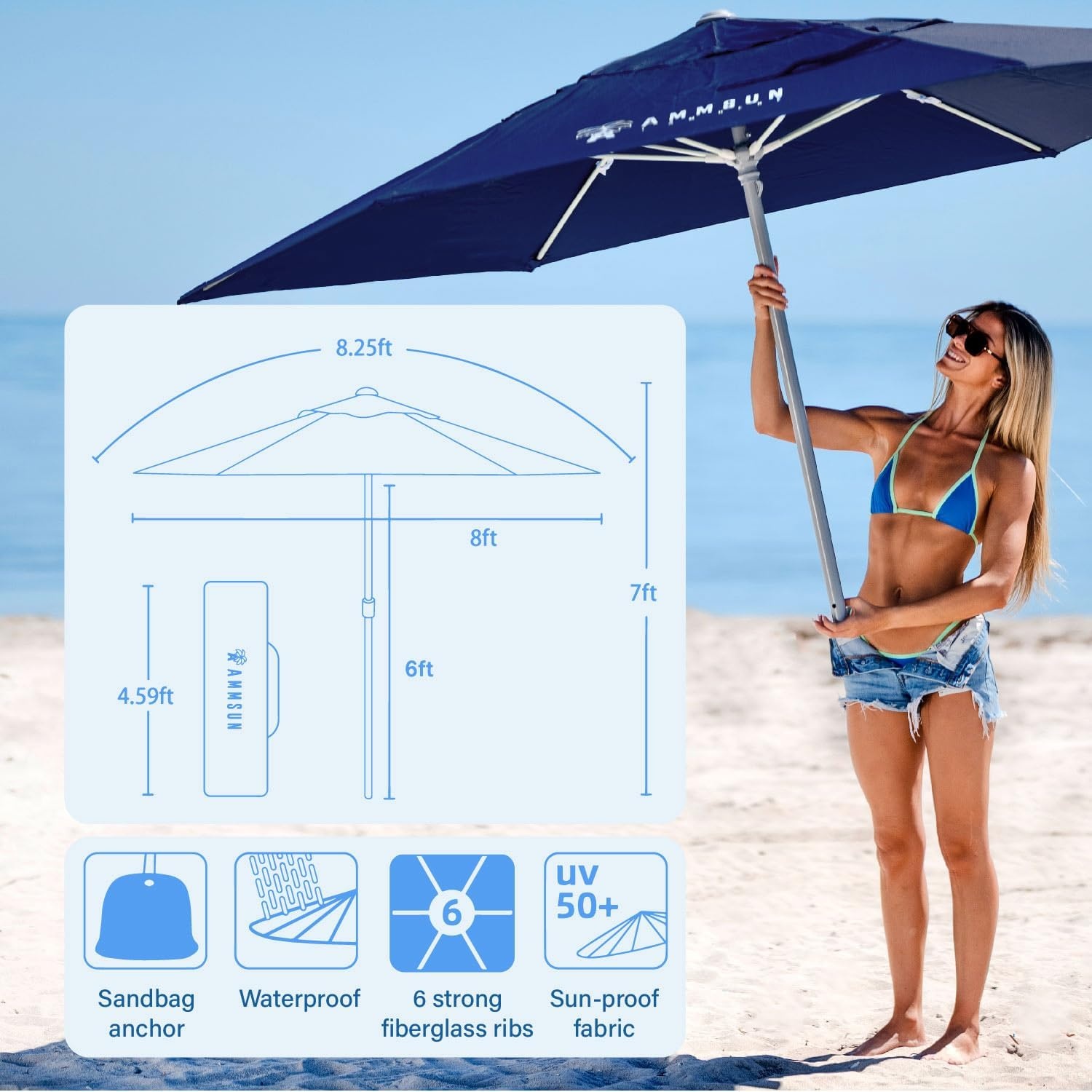 image:imageAMMSUN 8ft Large Beach Umbrellas for Sand with Sand Anchor Air Vent hook Heavy Duty High Wind Patio Beach Umbrella with Weight SandbagCarry bagUPF 50Adjustable HeightNo Tilt YellowNavy