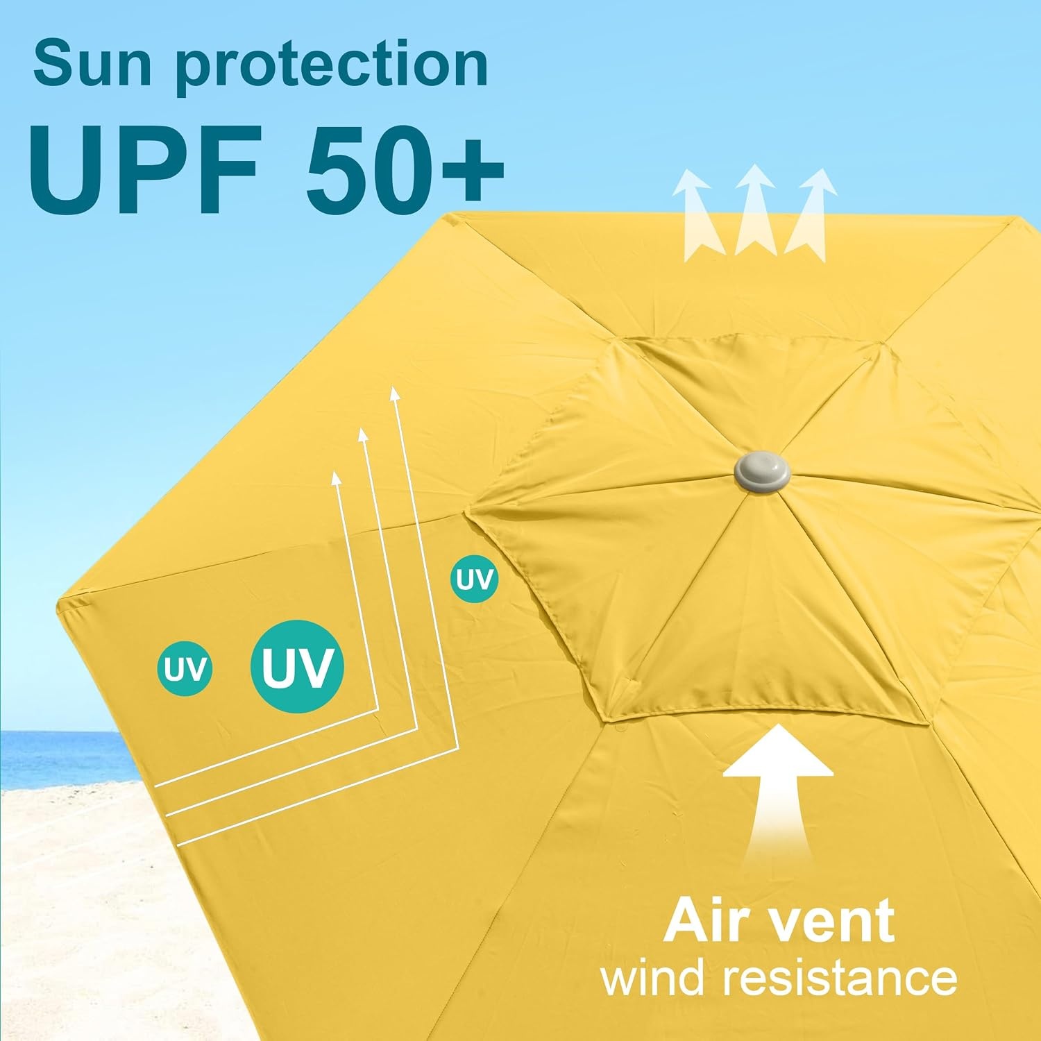 image:imageAMMSUN 8ft Large Beach Umbrellas for Sand with Sand Anchor Air Vent hook Heavy Duty High Wind Patio Beach Umbrella with Weight SandbagCarry bagUPF 50Adjustable HeightNo Tilt YellowYellow