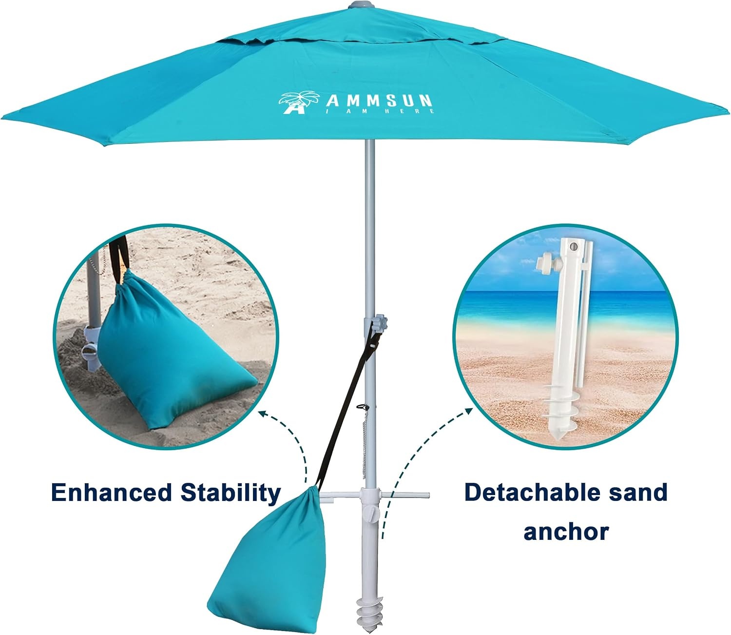 image:imageAMMSUN 8ft Large Beach Umbrellas for Sand with Sand Anchor Air Vent hook Heavy Duty High Wind Patio Beach Umbrella with Weight SandbagCarry bagUPF 50Adjustable HeightNo Tilt YellowTeal