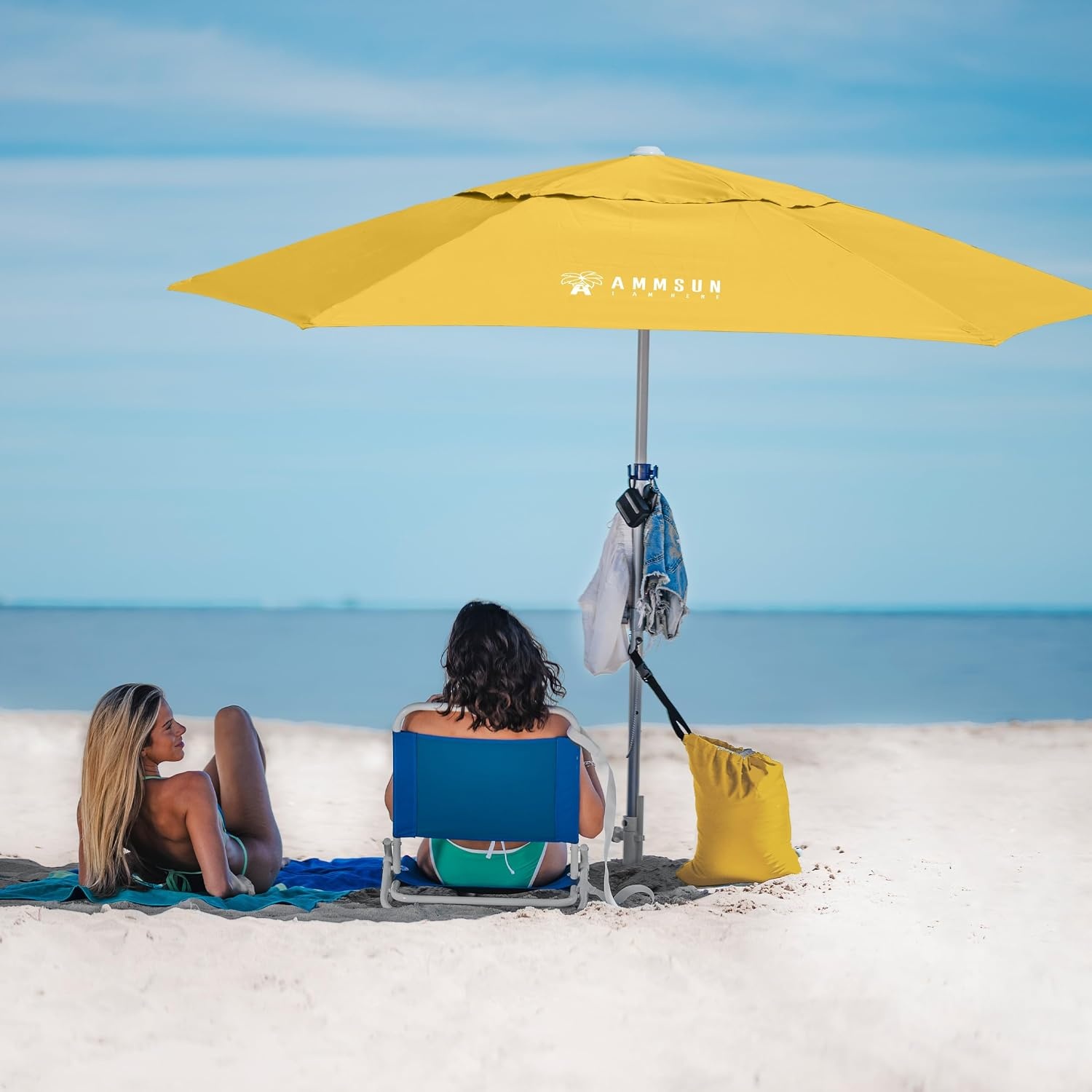 image:imageAMMSUN 8ft Large Beach Umbrellas for Sand with Sand Anchor Air Vent hook Heavy Duty High Wind Patio Beach Umbrella with Weight SandbagCarry bagUPF 50Adjustable HeightNo Tilt YellowYellow
