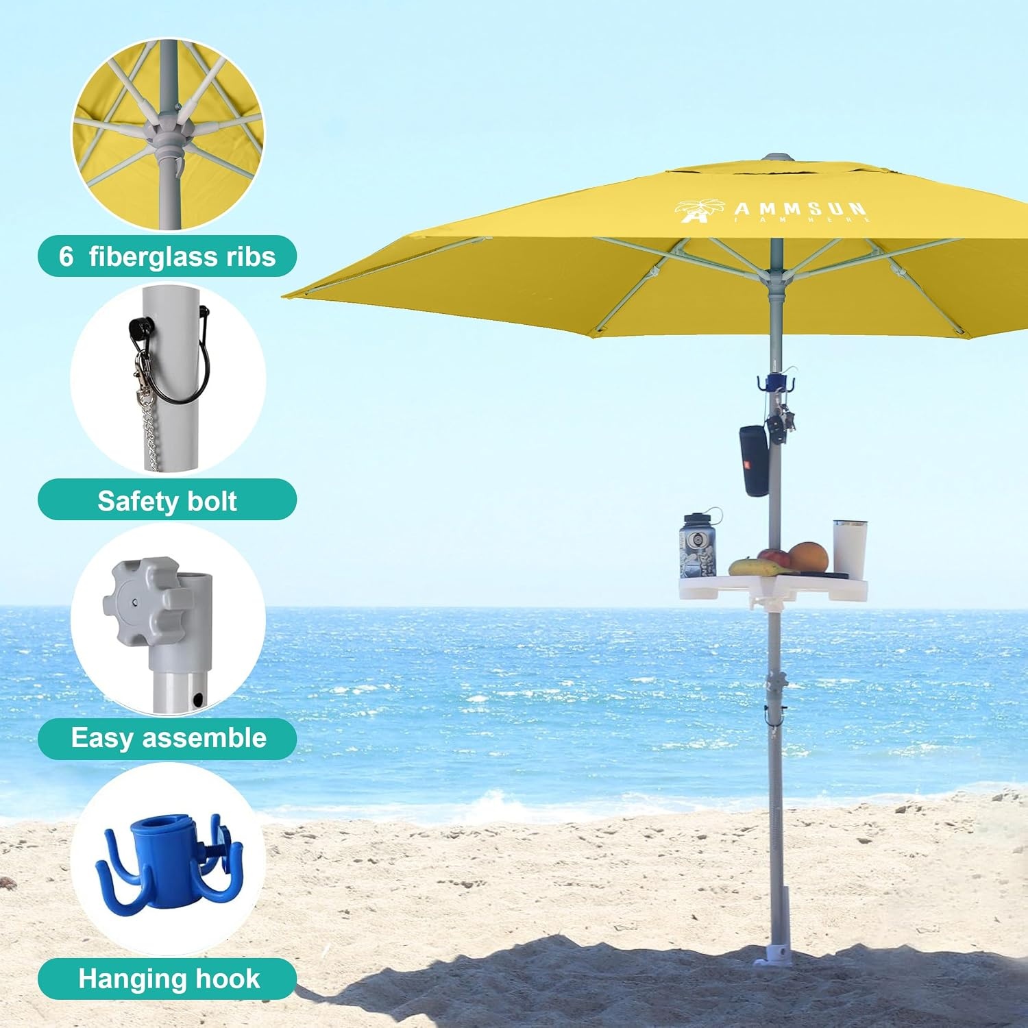 image:imageAMMSUN 8ft Large Beach Umbrellas for Sand with Sand Anchor Air Vent hook Heavy Duty High Wind Patio Beach Umbrella with Weight SandbagCarry bagUPF 50Adjustable HeightNo Tilt YellowYellow