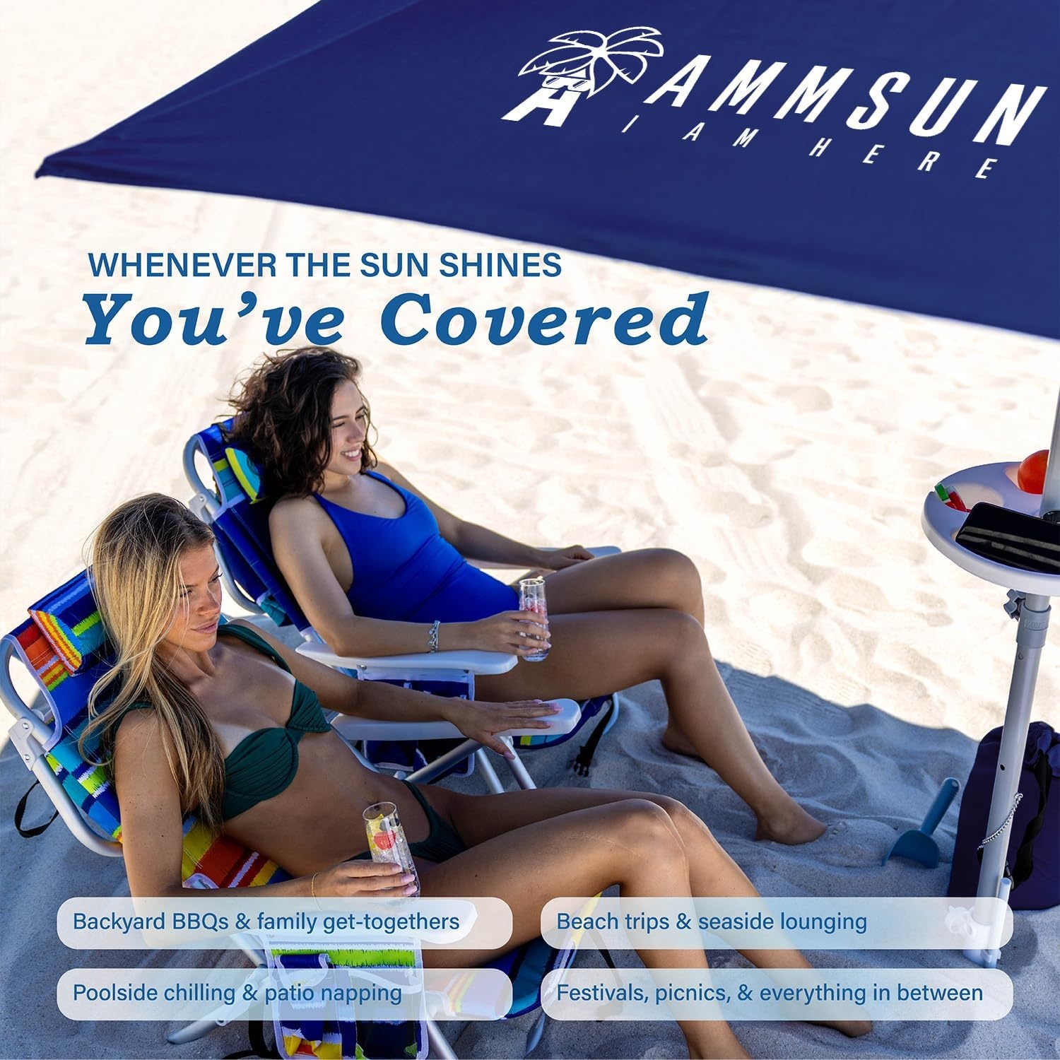 image:imageAMMSUN 8ft Large Beach Umbrellas for Sand with Sand Anchor Air Vent hook Heavy Duty High Wind Patio Beach Umbrella with Weight SandbagCarry bagUPF 50Adjustable HeightNo Tilt YellowNavy