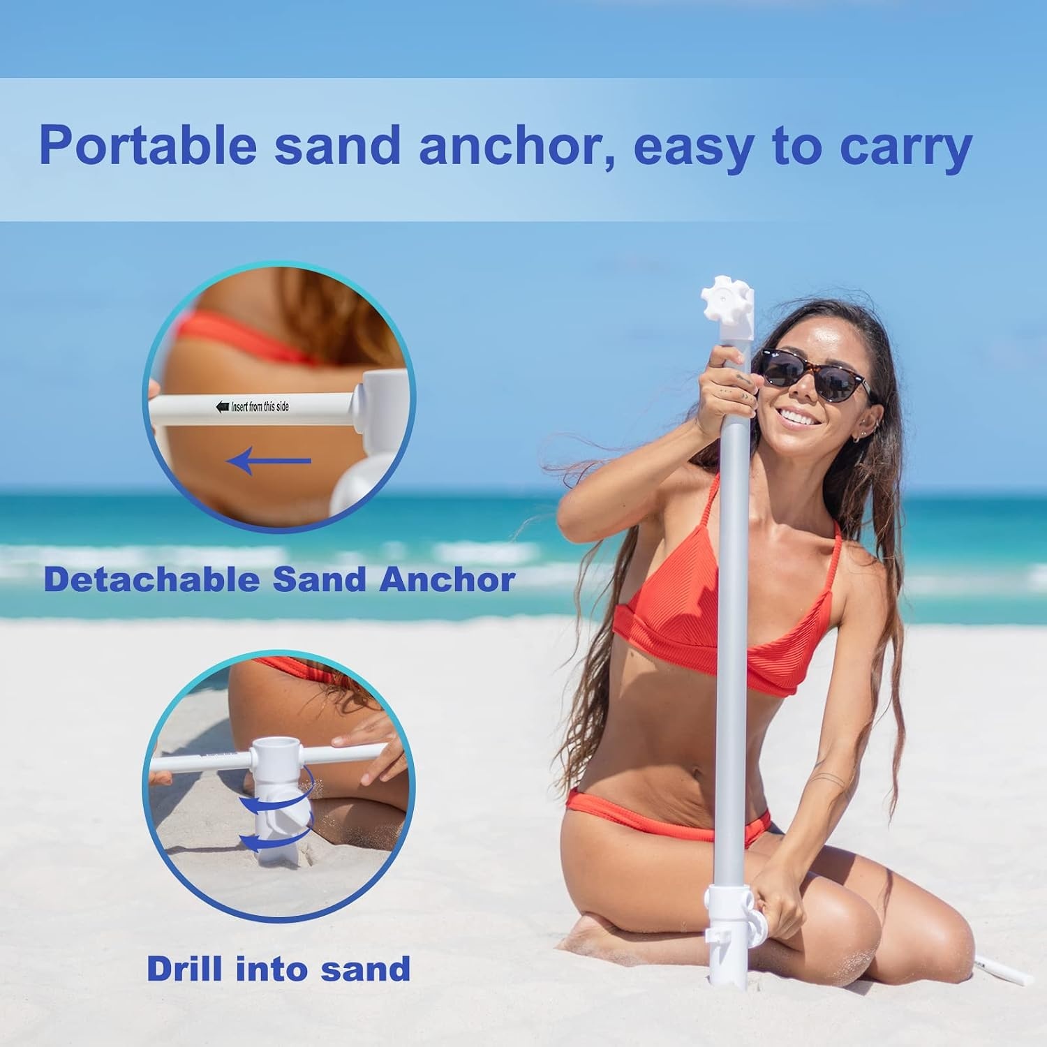 image:imageAMMSUN 8ft Large Beach Umbrellas for Sand with Sand Anchor Air Vent hook Heavy Duty High Wind Patio Beach Umbrella with Weight SandbagCarry bagUPF 50Adjustable HeightNo Tilt YellowBlue White Stripe