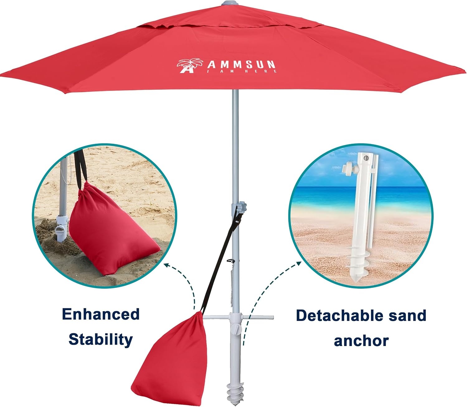 image:imageAMMSUN 8ft Large Beach Umbrellas for Sand with Sand Anchor Air Vent hook Heavy Duty High Wind Patio Beach Umbrella with Weight SandbagCarry bagUPF 50Adjustable HeightNo Tilt YellowRed