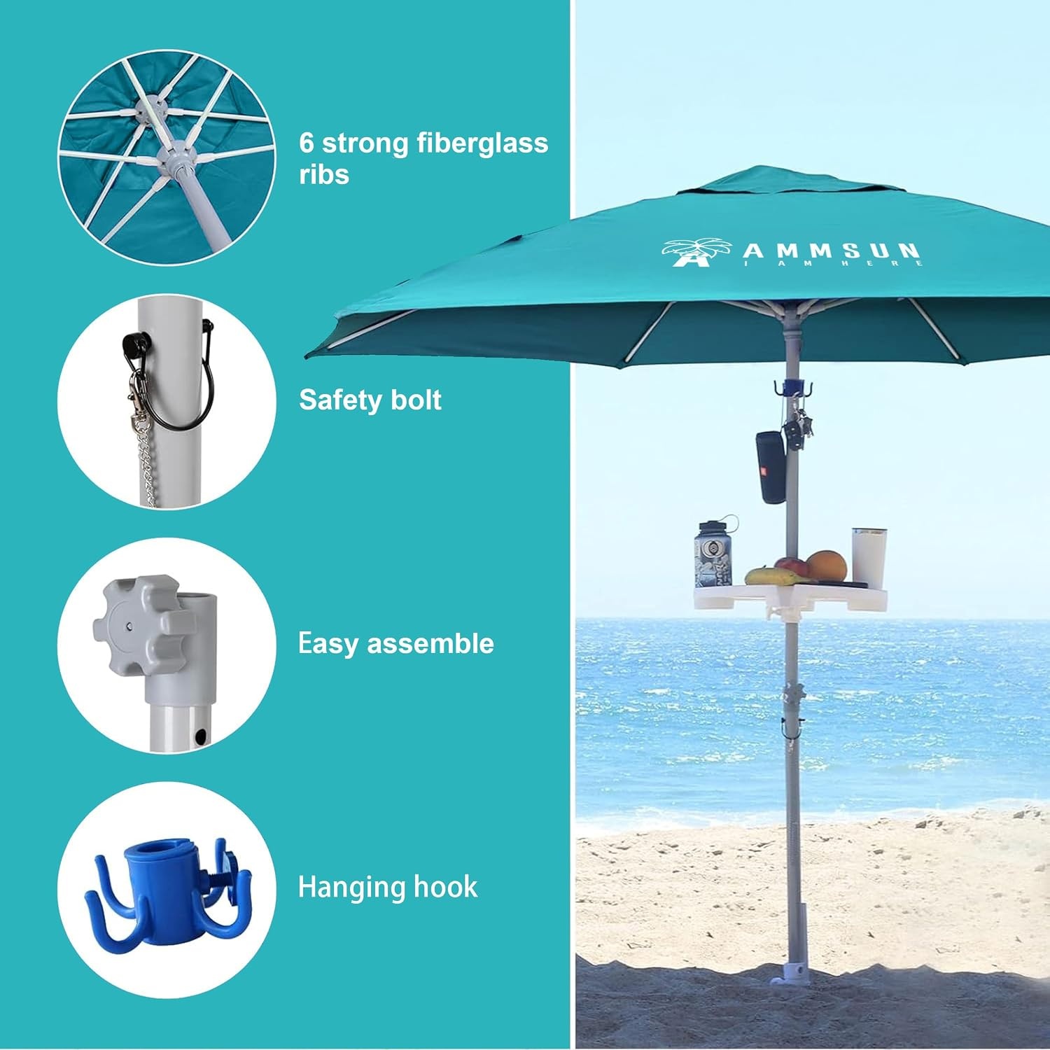 image:imageAMMSUN 8ft Large Beach Umbrellas for Sand with Sand Anchor Air Vent hook Heavy Duty High Wind Patio Beach Umbrella with Weight SandbagCarry bagUPF 50Adjustable HeightNo Tilt YellowTeal