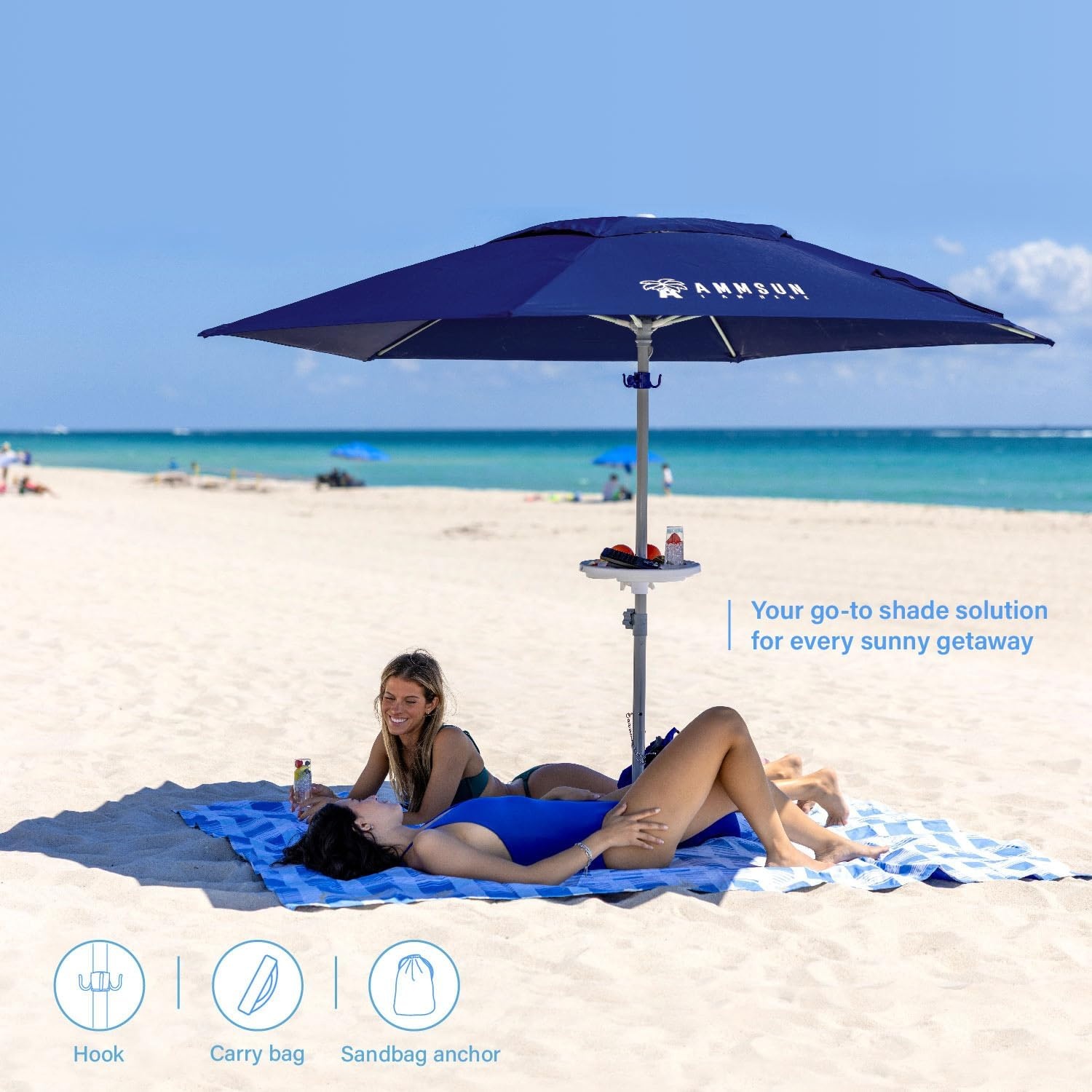 image:imageAMMSUN 8ft Large Beach Umbrellas for Sand with Sand Anchor Air Vent hook Heavy Duty High Wind Patio Beach Umbrella with Weight SandbagCarry bagUPF 50Adjustable HeightNo Tilt YellowNavy