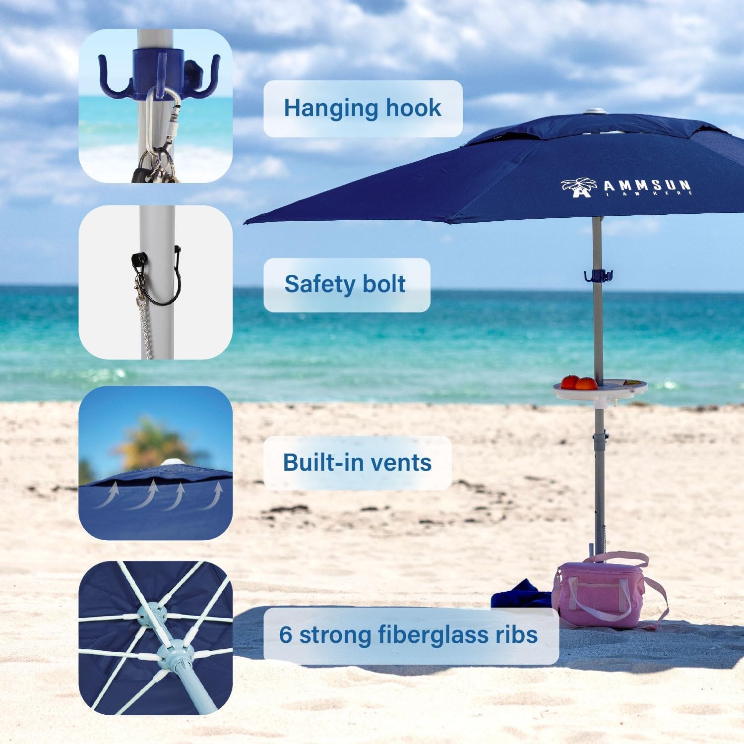 image:imageAMMSUN 8ft Large Beach Umbrellas for Sand with Sand Anchor Air Vent hook Heavy Duty High Wind Patio Beach Umbrella with Weight SandbagCarry bagUPF 50Adjustable HeightNo Tilt YellowNavy