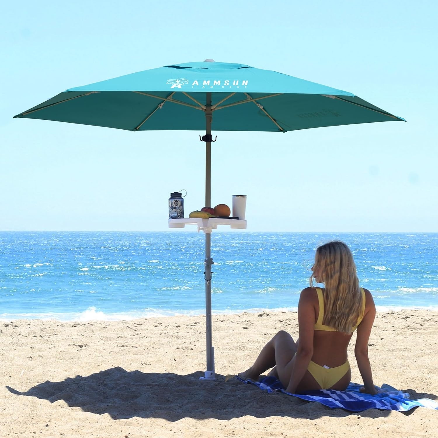 image:imageAMMSUN 8ft Large Beach Umbrellas for Sand with Sand Anchor Air Vent hook Heavy Duty High Wind Patio Beach Umbrella with Weight SandbagCarry bagUPF 50Adjustable HeightNo Tilt YellowTeal