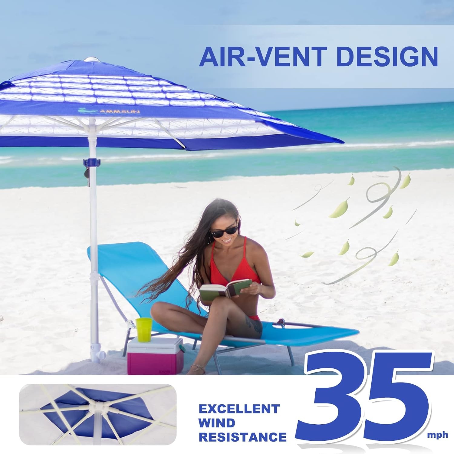 image:imageAMMSUN 8ft Large Beach Umbrellas for Sand with Sand Anchor Air Vent hook Heavy Duty High Wind Patio Beach Umbrella with Weight SandbagCarry bagUPF 50Adjustable HeightNo Tilt YellowBlue White Stripe