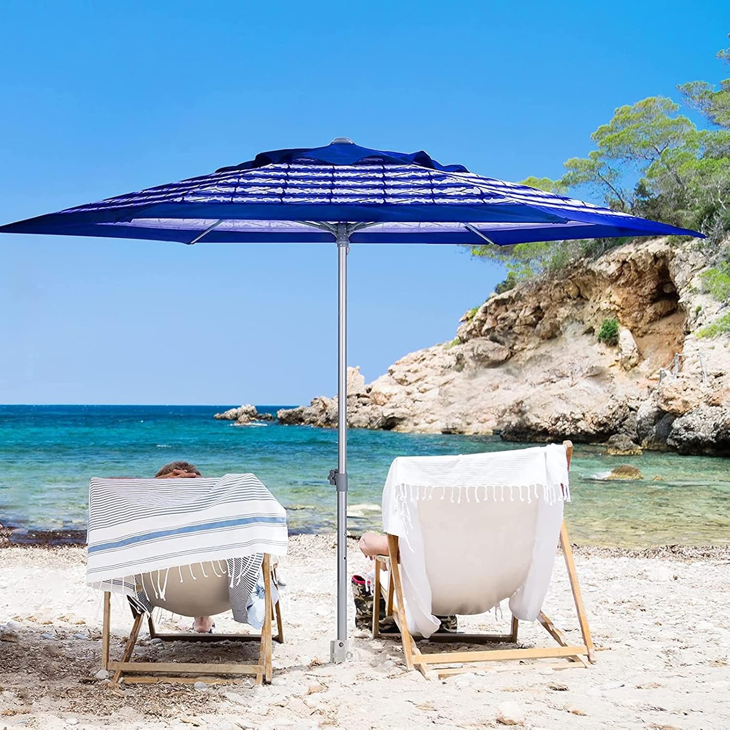 image:imageAMMSUN 8ft Large Beach Umbrellas for Sand with Sand Anchor Air Vent hook Heavy Duty High Wind Patio Beach Umbrella with Weight SandbagCarry bagUPF 50Adjustable HeightNo Tilt YellowBlue White Stripe