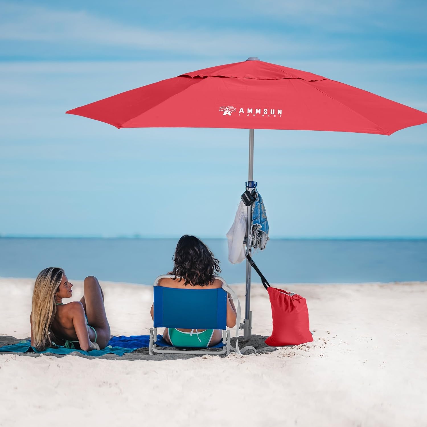 image:imageAMMSUN 8ft Large Beach Umbrellas for Sand with Sand Anchor Air Vent hook Heavy Duty High Wind Patio Beach Umbrella with Weight SandbagCarry bagUPF 50Adjustable HeightNo Tilt YellowRed