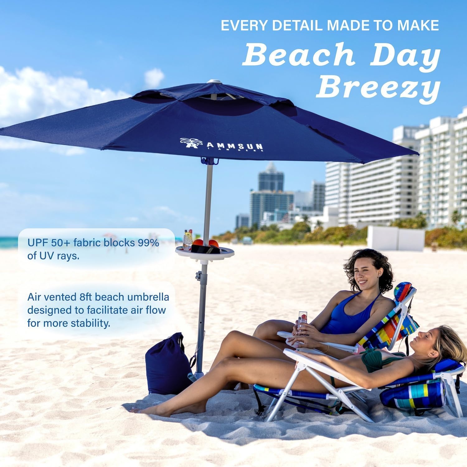 image:imageAMMSUN 8ft Large Beach Umbrellas for Sand with Sand Anchor Air Vent hook Heavy Duty High Wind Patio Beach Umbrella with Weight SandbagCarry bagUPF 50Adjustable HeightNo Tilt YellowNavy