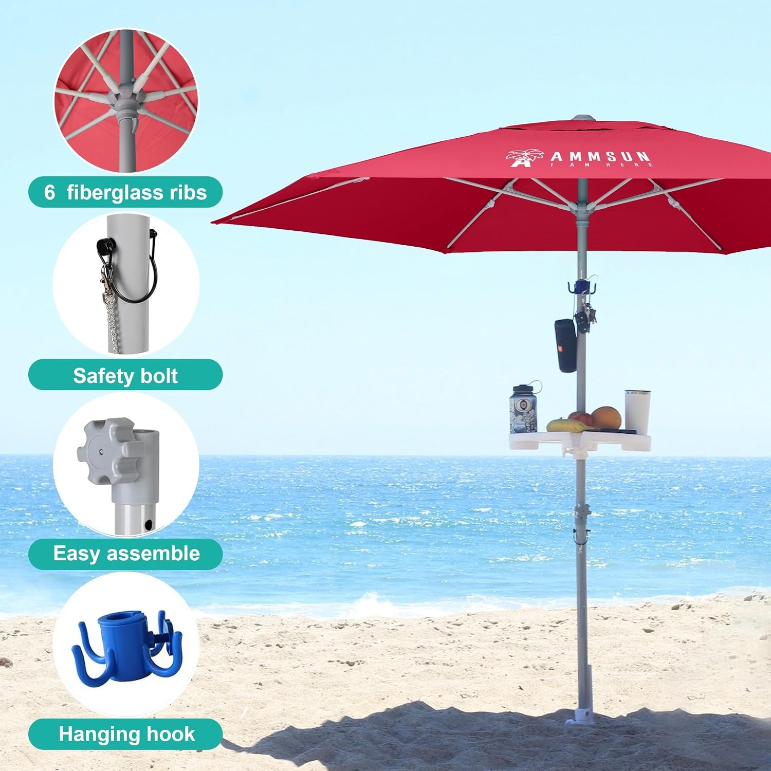 image:imageAMMSUN 8ft Large Beach Umbrellas for Sand with Sand Anchor Air Vent hook Heavy Duty High Wind Patio Beach Umbrella with Weight SandbagCarry bagUPF 50Adjustable HeightNo Tilt YellowRed