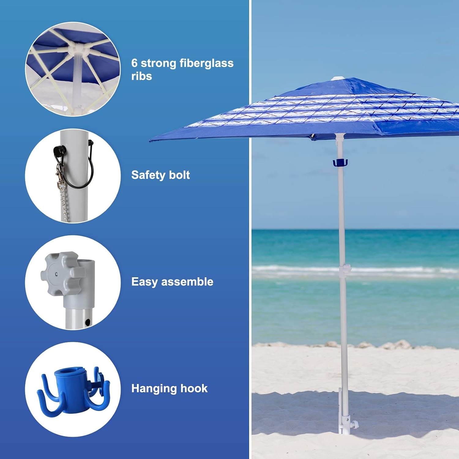 image:imageAMMSUN 8ft Large Beach Umbrellas for Sand with Sand Anchor Air Vent hook Heavy Duty High Wind Patio Beach Umbrella with Weight SandbagCarry bagUPF 50Adjustable HeightNo Tilt YellowBlue White Stripe