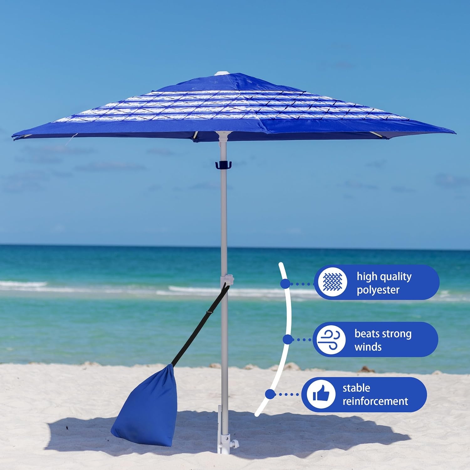 image:imageAMMSUN 8ft Large Beach Umbrellas for Sand with Sand Anchor Air Vent hook Heavy Duty High Wind Patio Beach Umbrella with Weight SandbagCarry bagUPF 50Adjustable HeightNo Tilt YellowBlue White Stripe