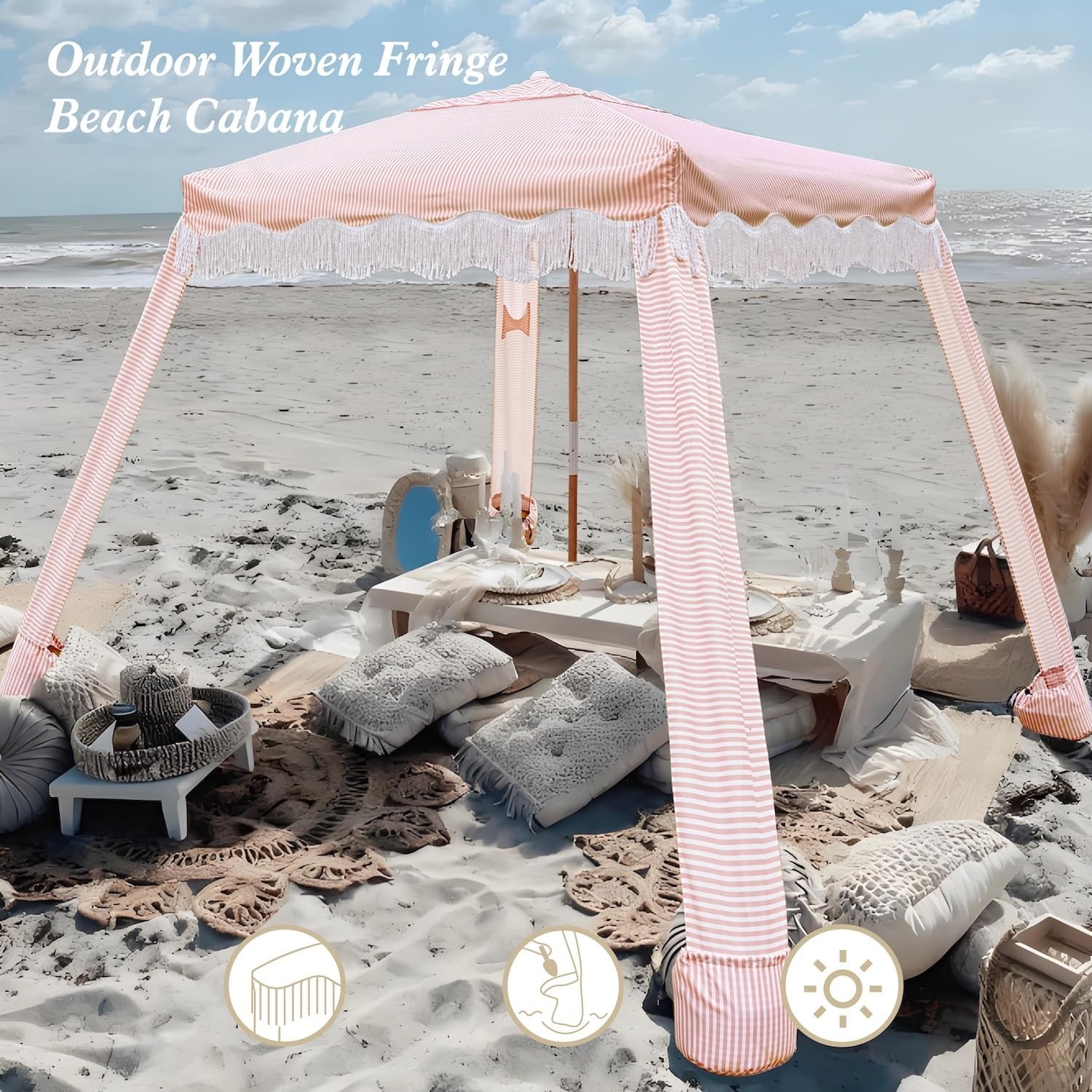 image:imageAMMSUN Beach Cabana with Fringe amp Wood Pole 7 x 7 Boho Canopy Tassels Easy Set Up UV50 Protection Easy to Carry with Bag Unique for Special Occasion and Parties Elegant WhitePink Stripes