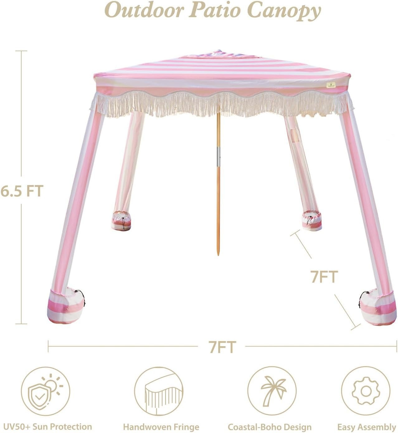 image:imageAMMSUN Beach Cabana with Fringe amp Wood Pole 7 x 7 Boho Canopy Tassels Easy Set Up UV50 Protection Easy to Carry with Bag Unique for Special Occasion and Parties Elegant WhiteRose Stripes